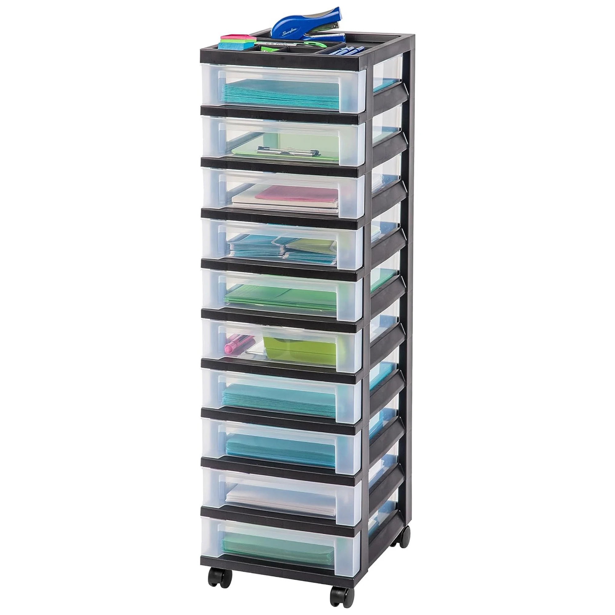 IRIS USA 10-Drawer Plastic Storage Organizer Cart and Caster Wheels, Black/Clear
