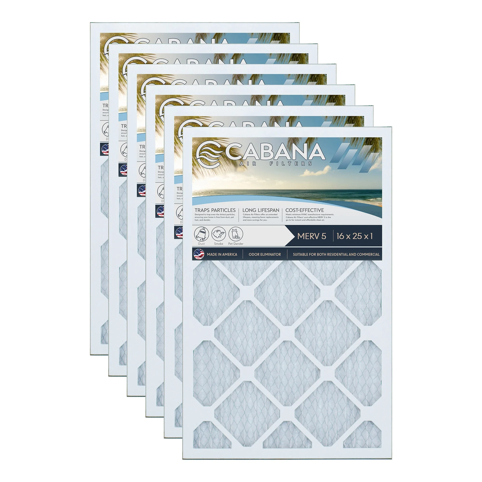 Cabana Air Filters 6 Pack HVAC Furnace Air Filters, MERV 5, 16 x 25 x 1, White