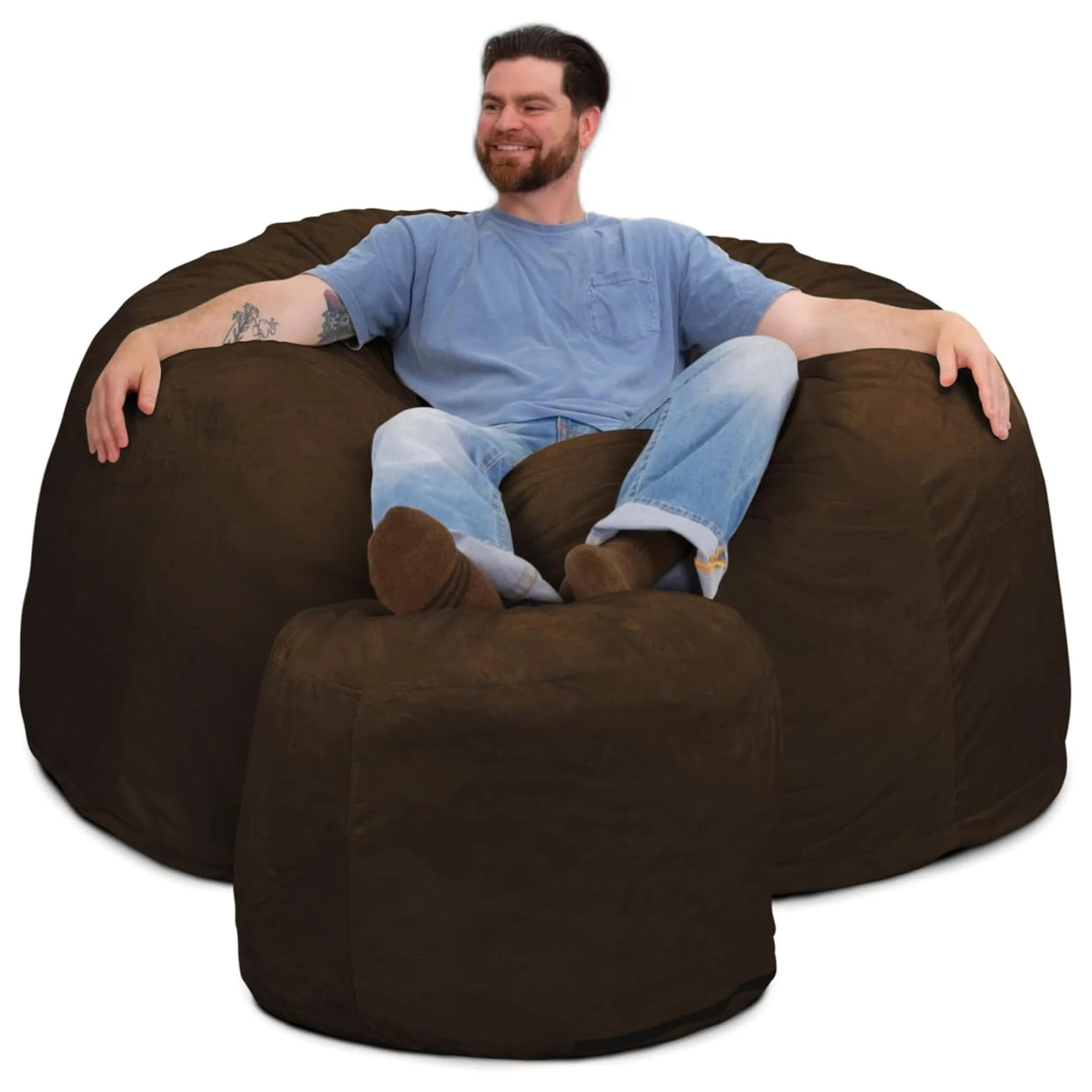Ultimate Sack 5 Ft Foam Filled Fur Covered Bean Bag Chair with Footstool, Brown