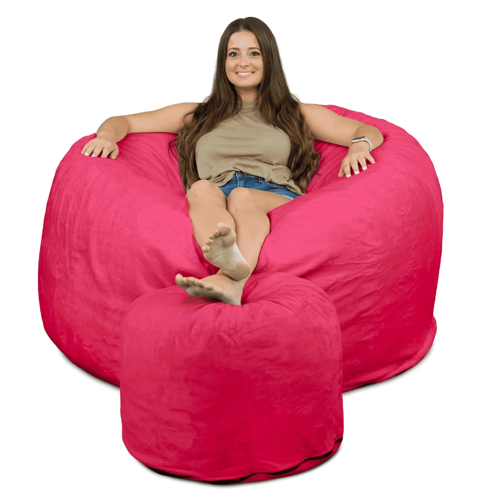 Ultimate Sack 5 Ft Foam Filled Fur Covered Bean Bag Chair with Footstool, Pink