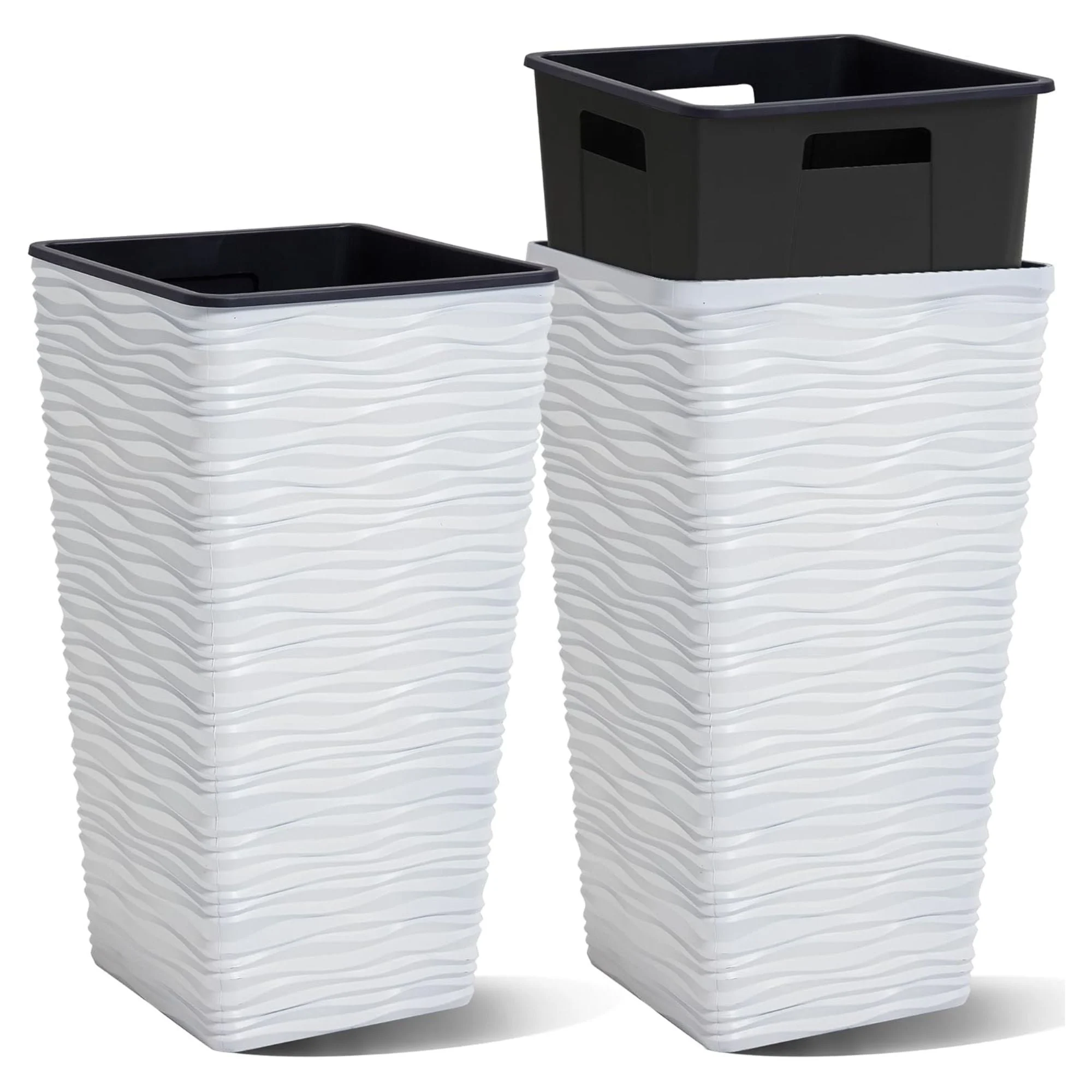 Worth 2 Pack 22" Tall Plastic Square Tapered Planter with Inside Pots, White