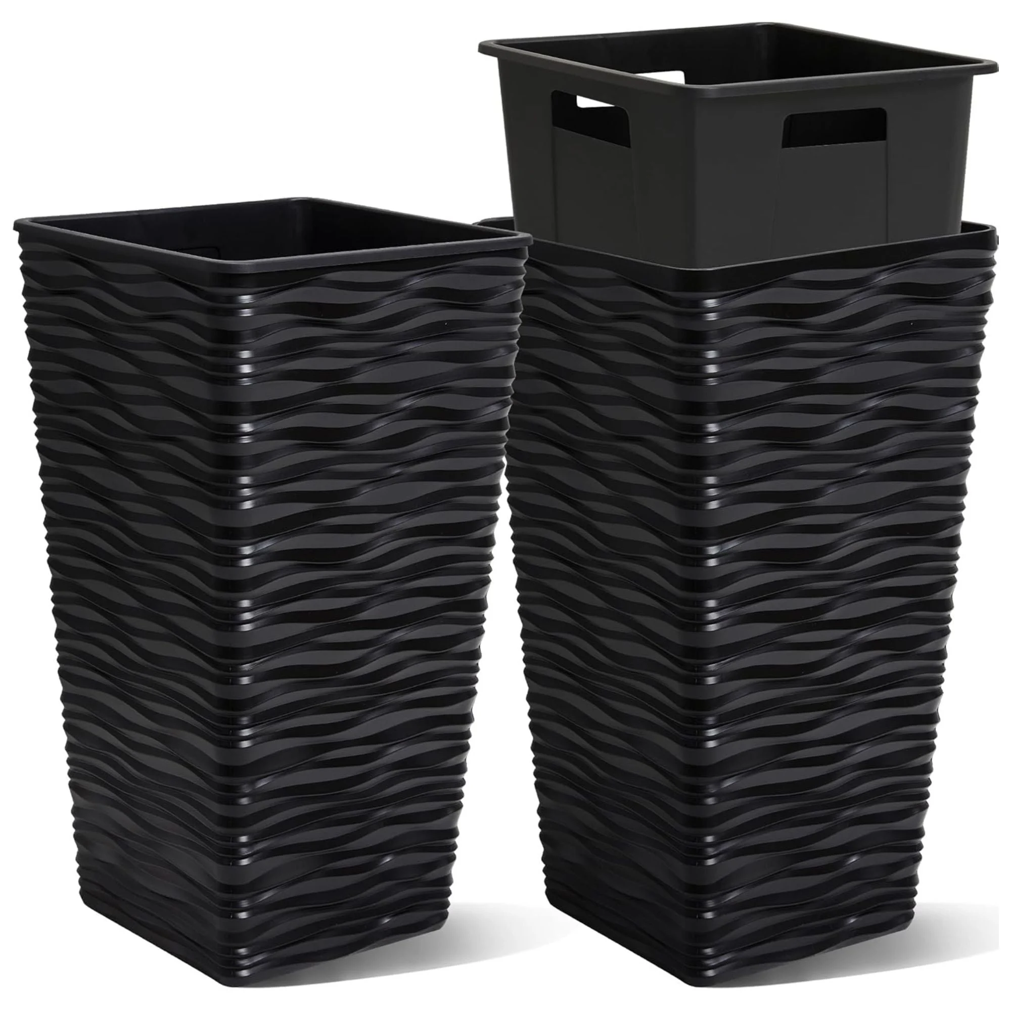 Worth 2 Pack 22" Tall Plastic Square Tapered Planter with Inside Pots, Black