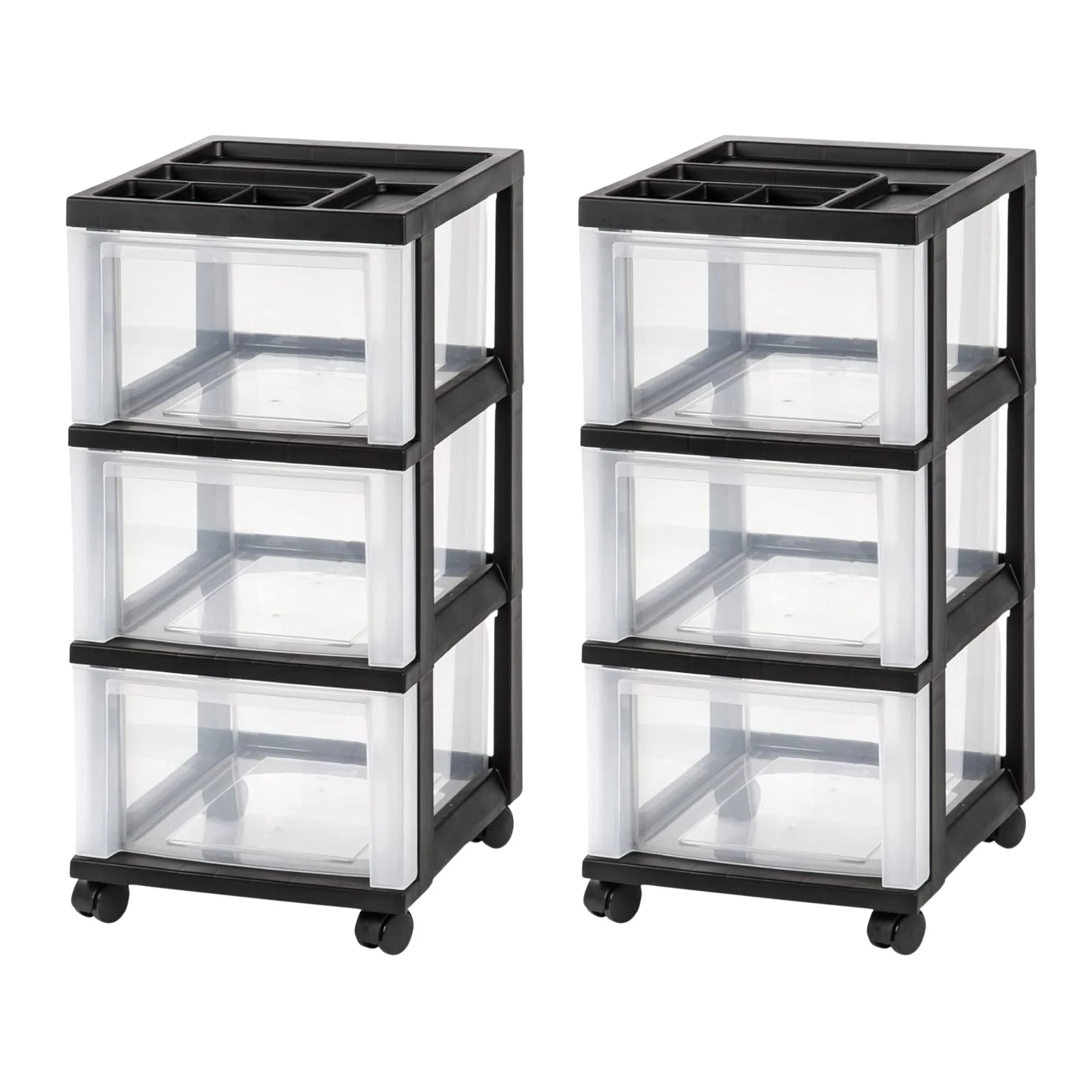IRIS USA 2 Pack 3-Drawer Plastic Storage Organizer Cart with Caster Wheels