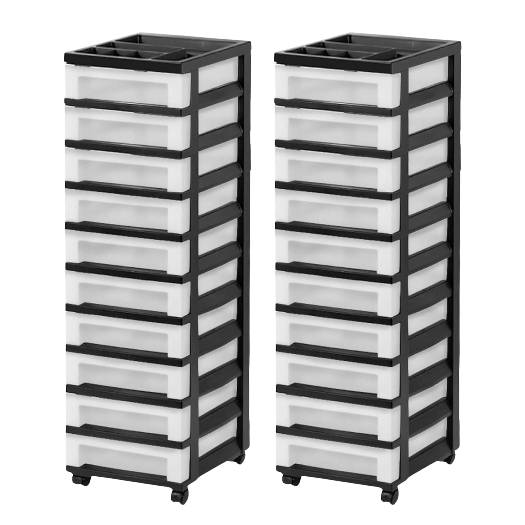 IRIS USA 2 Pack 10-Drawer Plastic Storage Cart with Wheels for Offices, Black