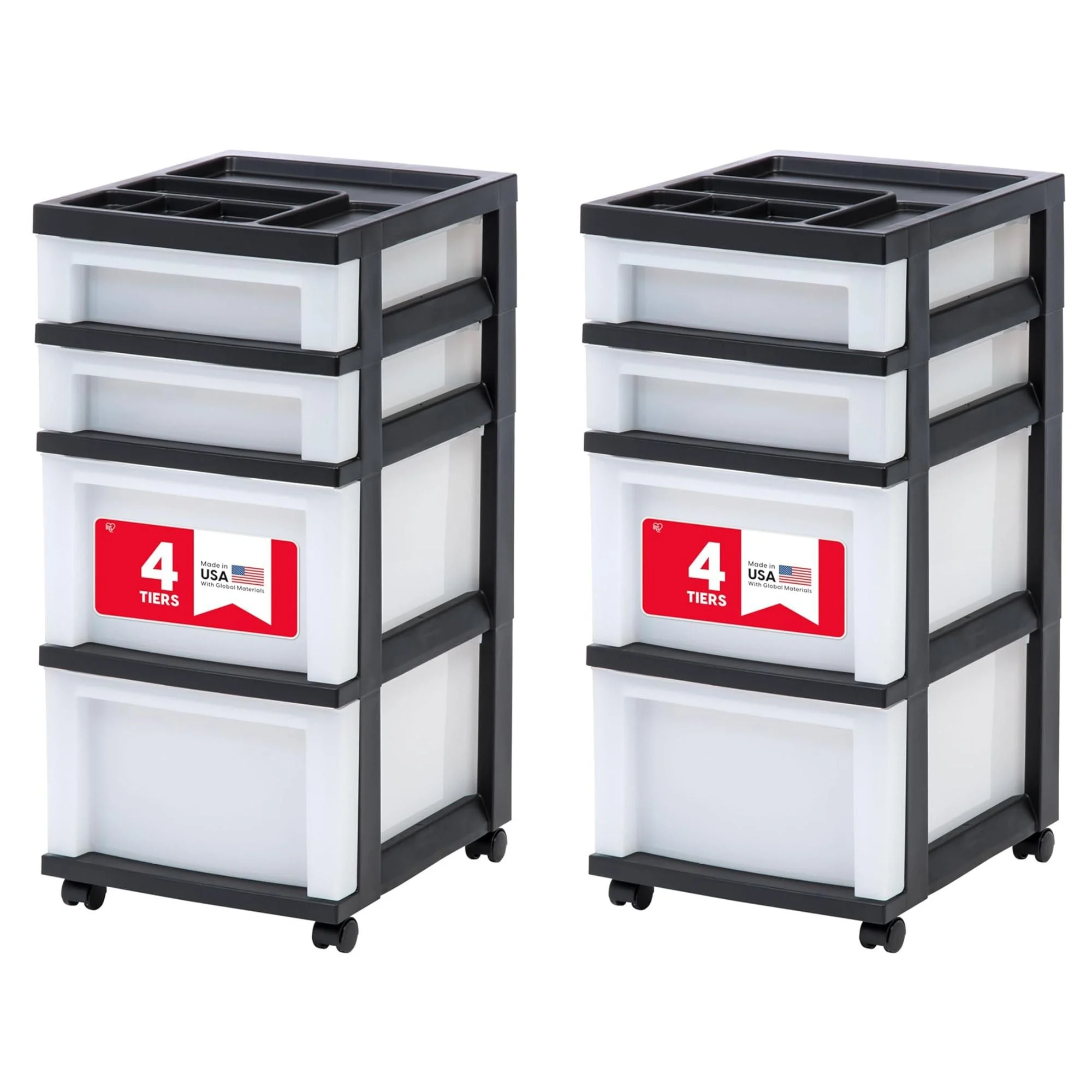 IRIS USA 2 Pack 4-Drawer Plastic Storage Cart with Wheels for Offices, Black