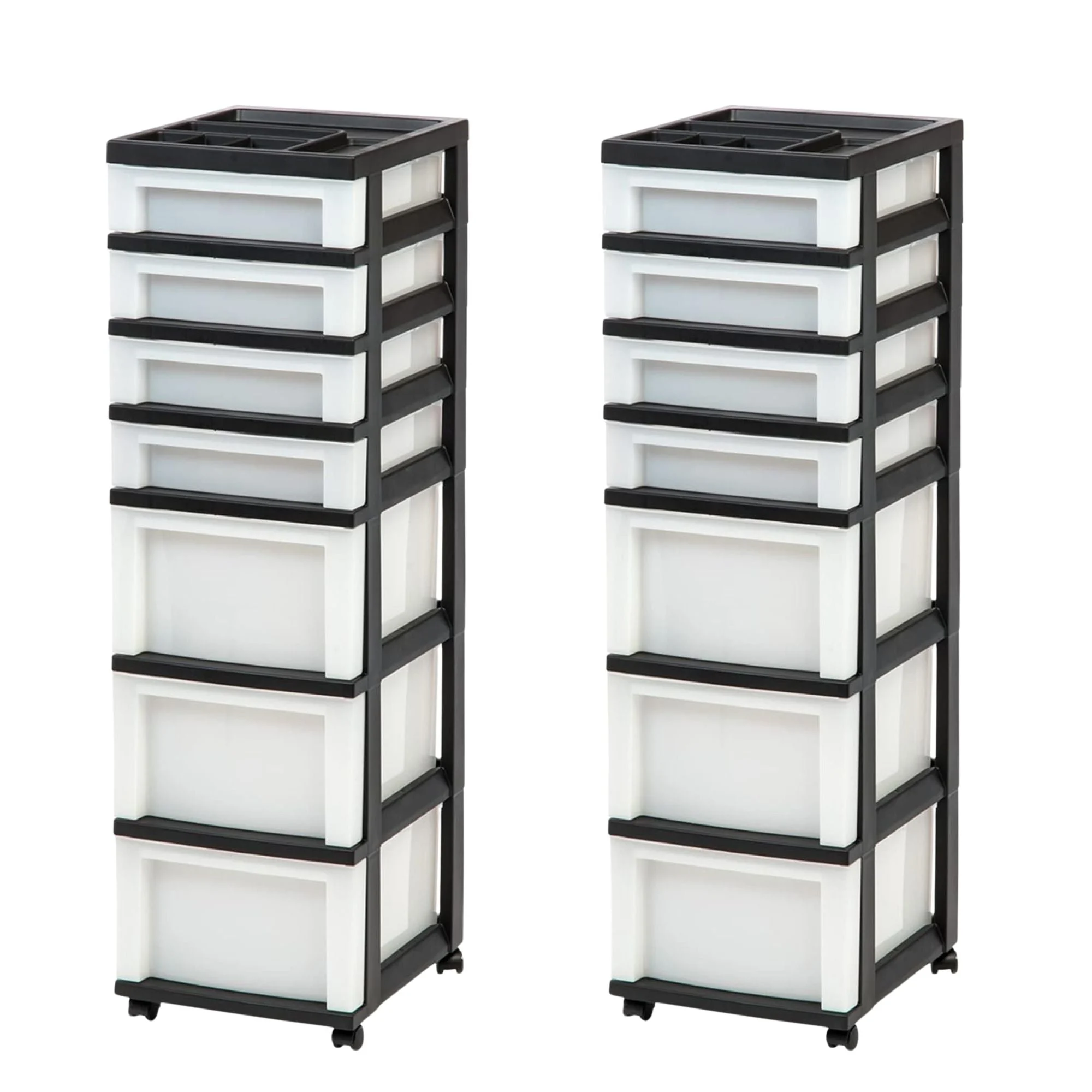 IRIS USA 2 Pack 7-Drawer Plastic Storage Organizer Cart & Caster Wheels, Black