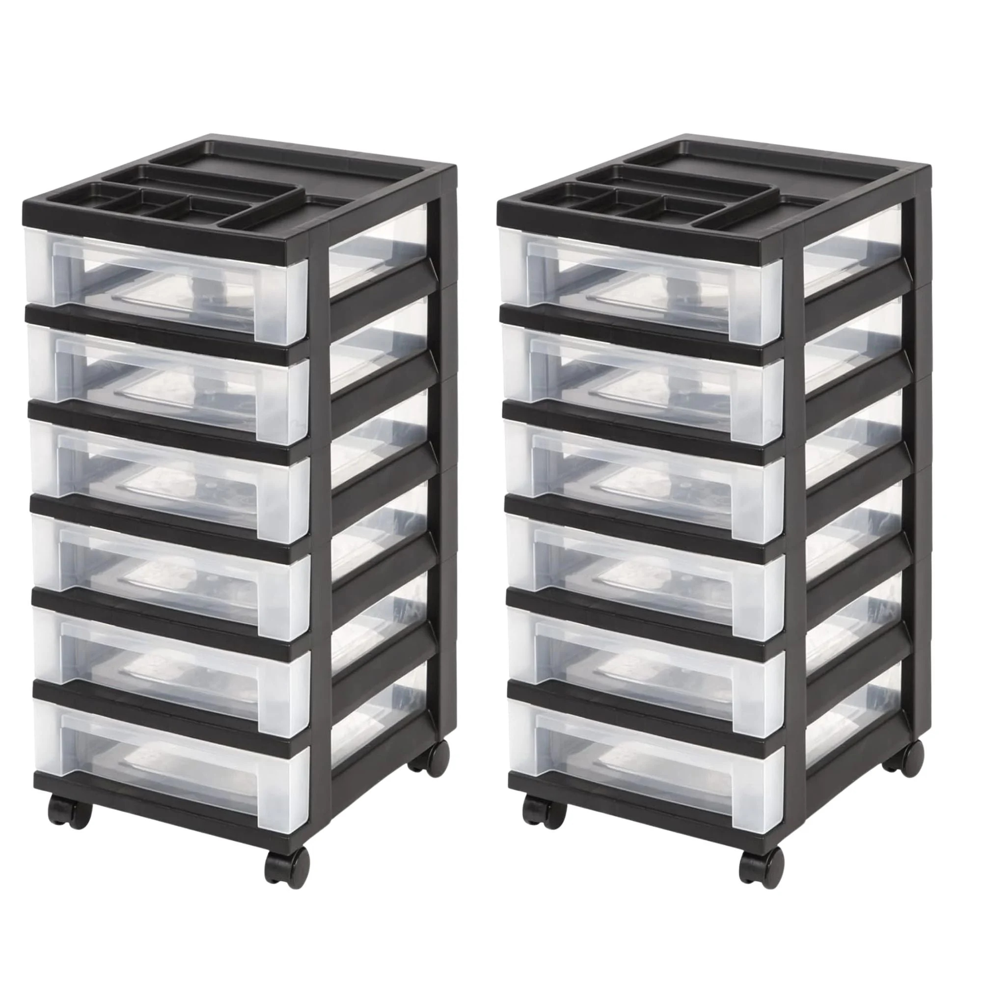 IRIS USA 2 Pack 6-Drawer Plastic Storage Organizer Cart & Caster Wheels, Black