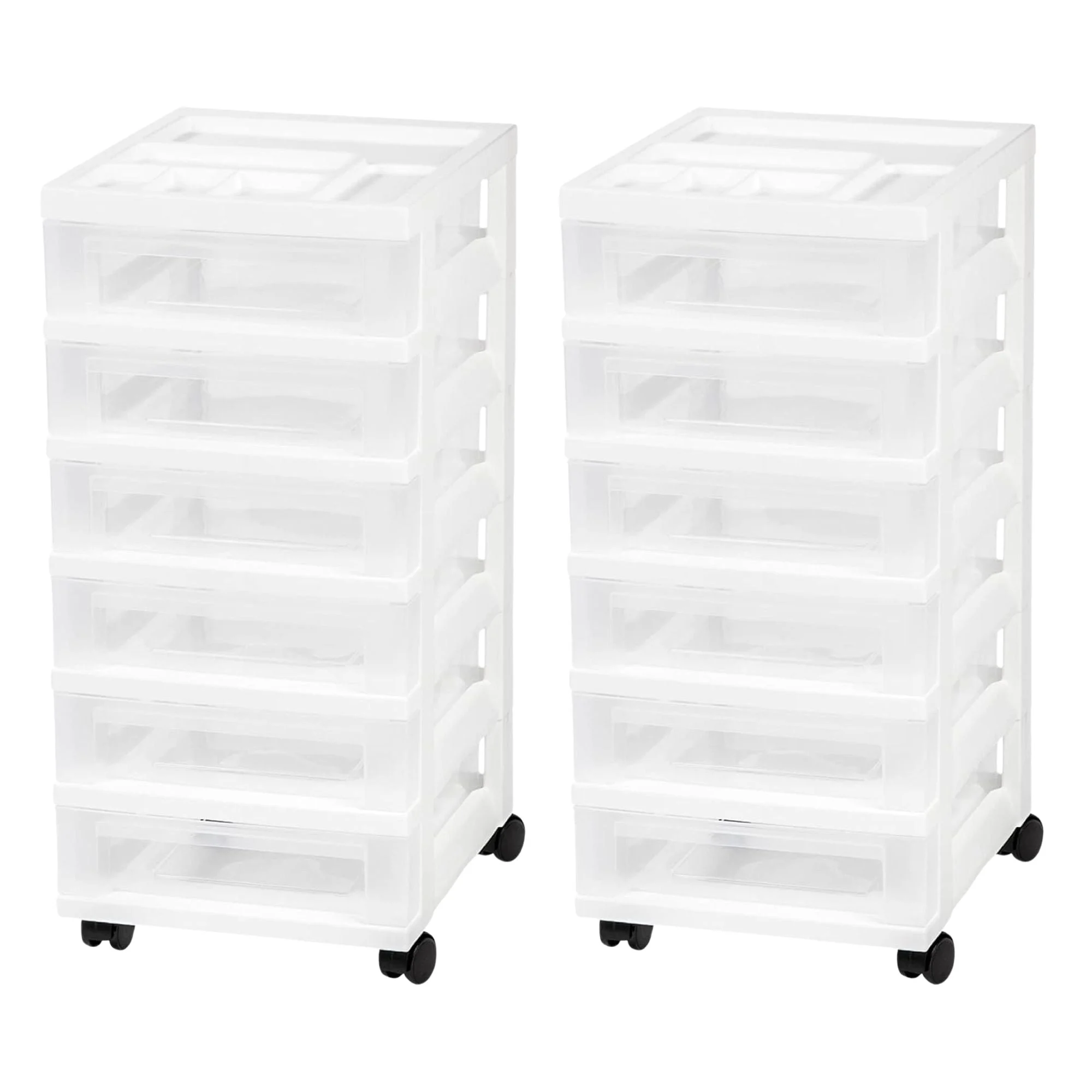 IRIS USA 2 Pack 6-Drawer Plastic Storage Organizer Cart & Caster Wheels, White