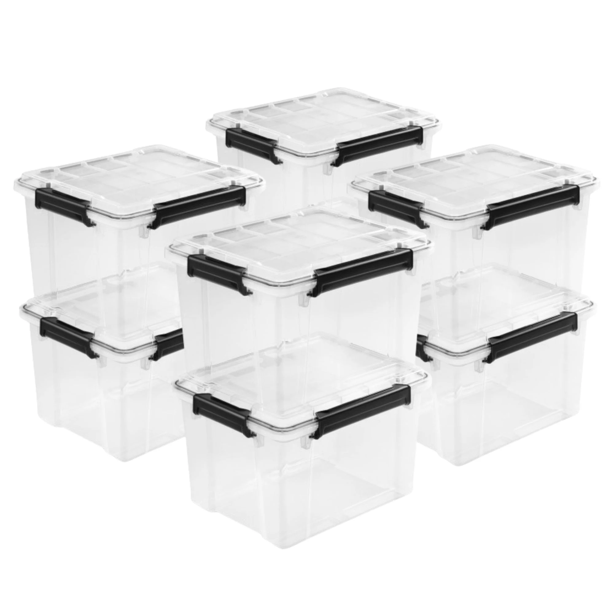 Sterilite 34 Qt Gasket Box, Stackable Storage Container with Lids, Black, 8 Pack