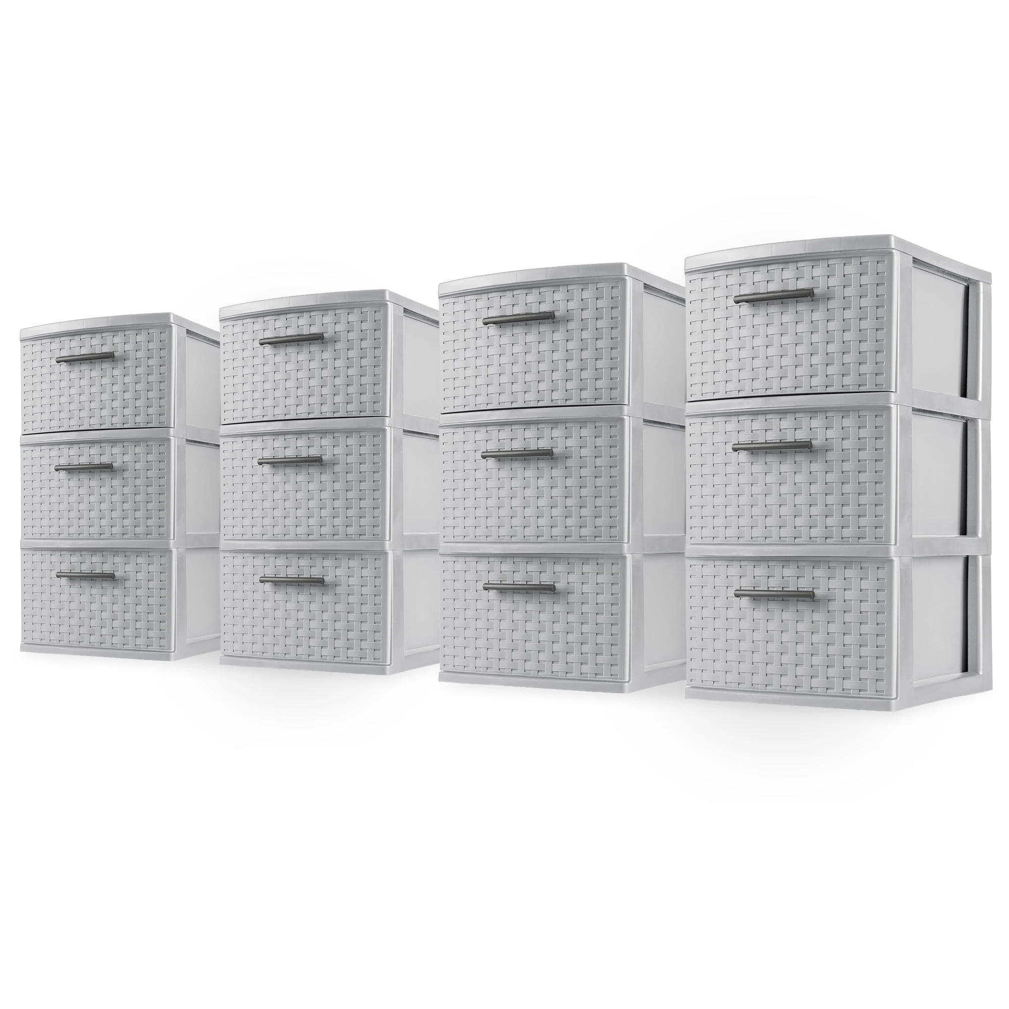 Sterilite 3 Drawer Storage Tower, Plastic Weave Medium Organizer, Cement, 4 Pack