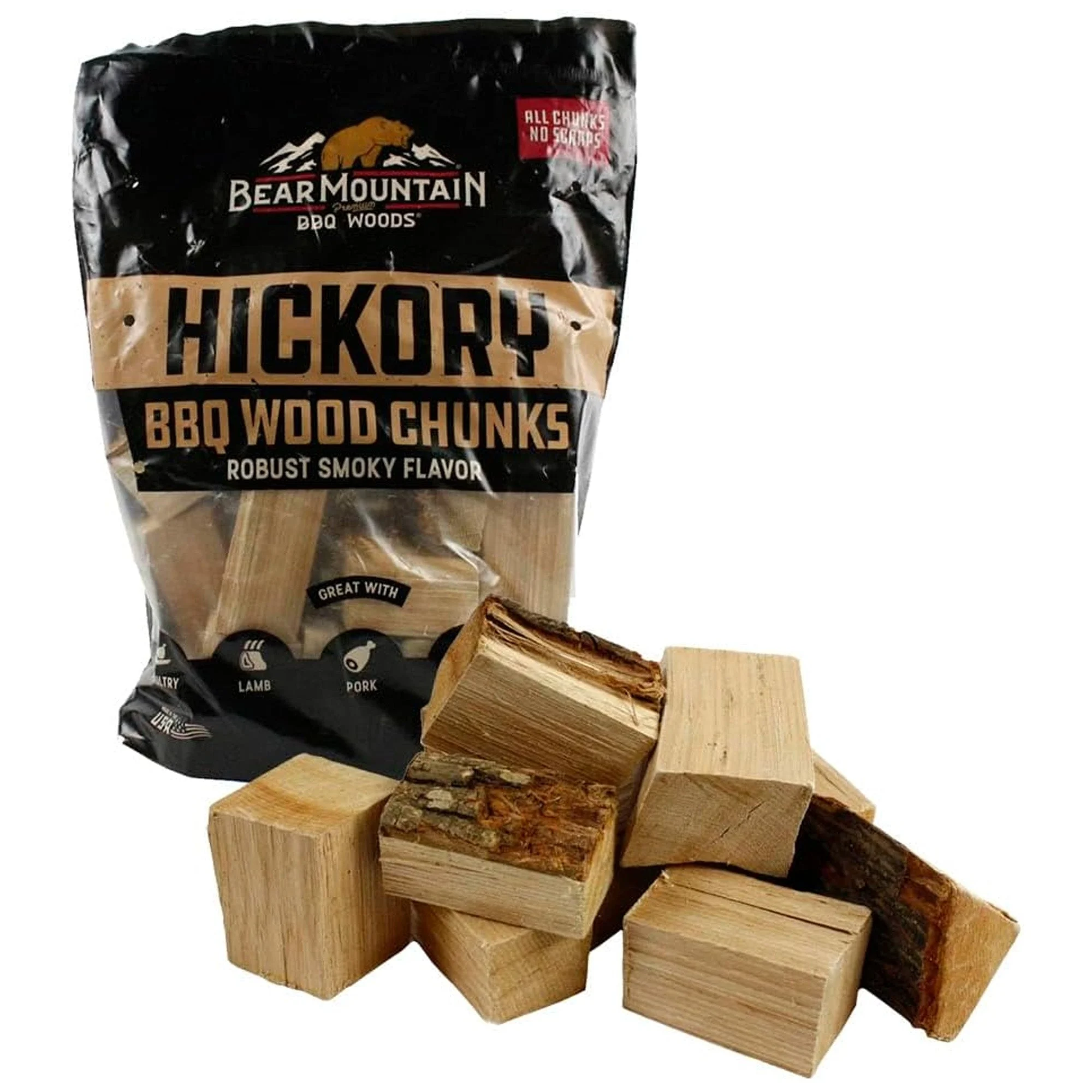 Bear Mountain BBQ Hickory BBQ Wood Chunks for Grilling, 4 lb Bag-Pack of 4