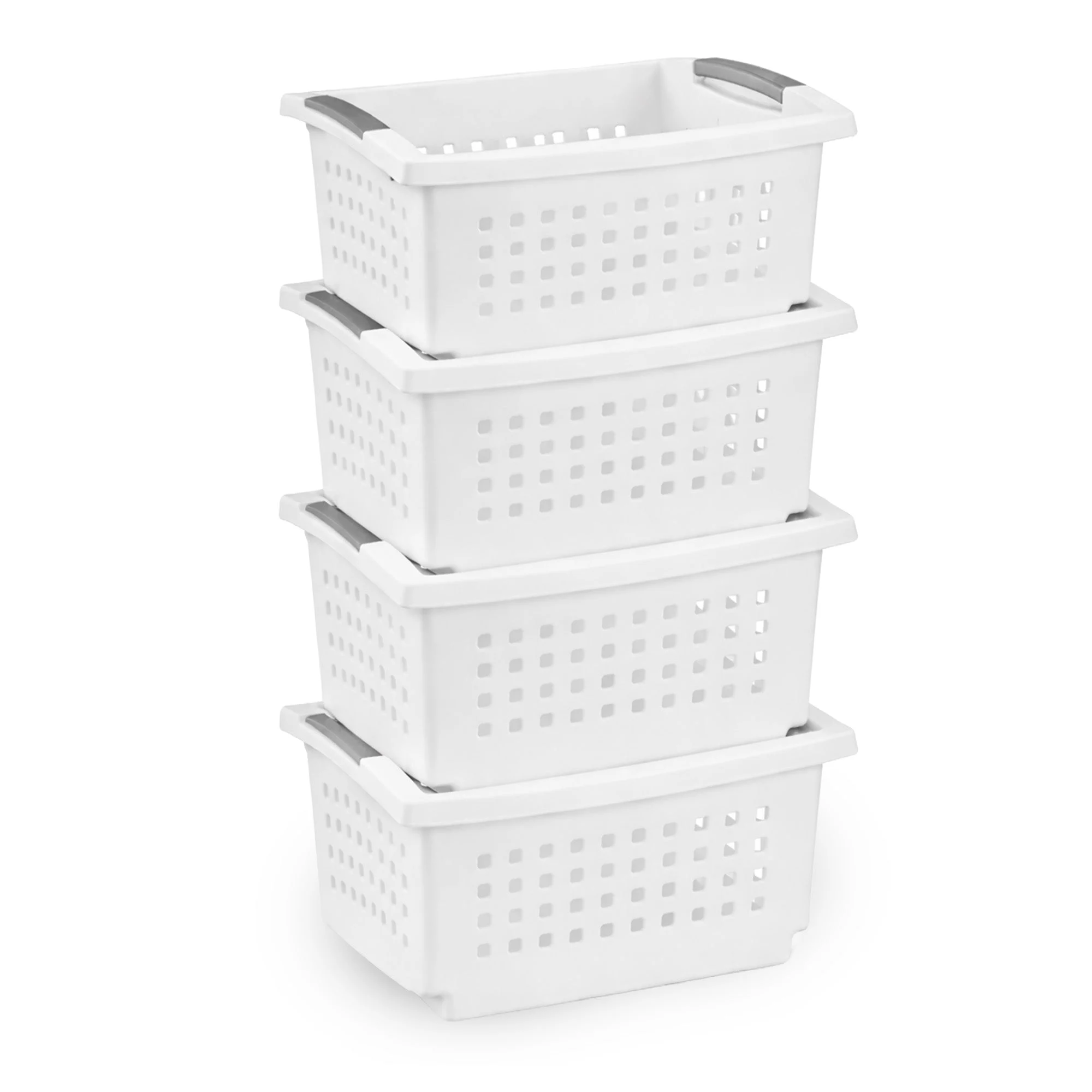 Sterilite Small Stacking Basket, Open Top Storage Bin w/ Handles, 4 Pack, White