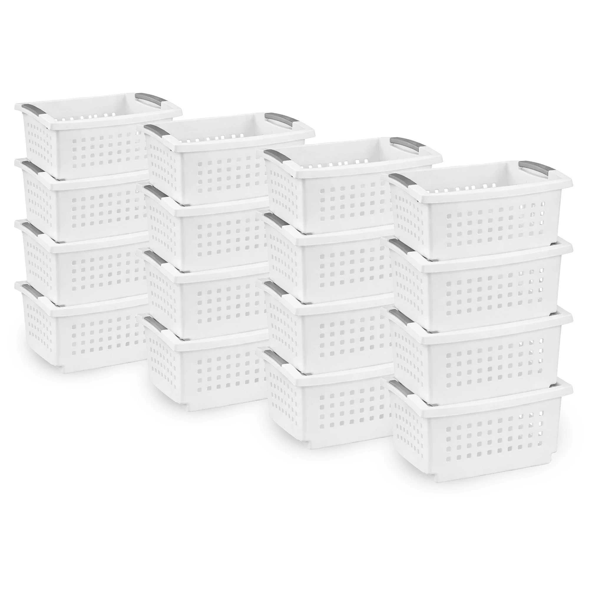 Sterilite Medium Stacking Basket, Open Top Storage Bin w Handles, 16 Pack, White