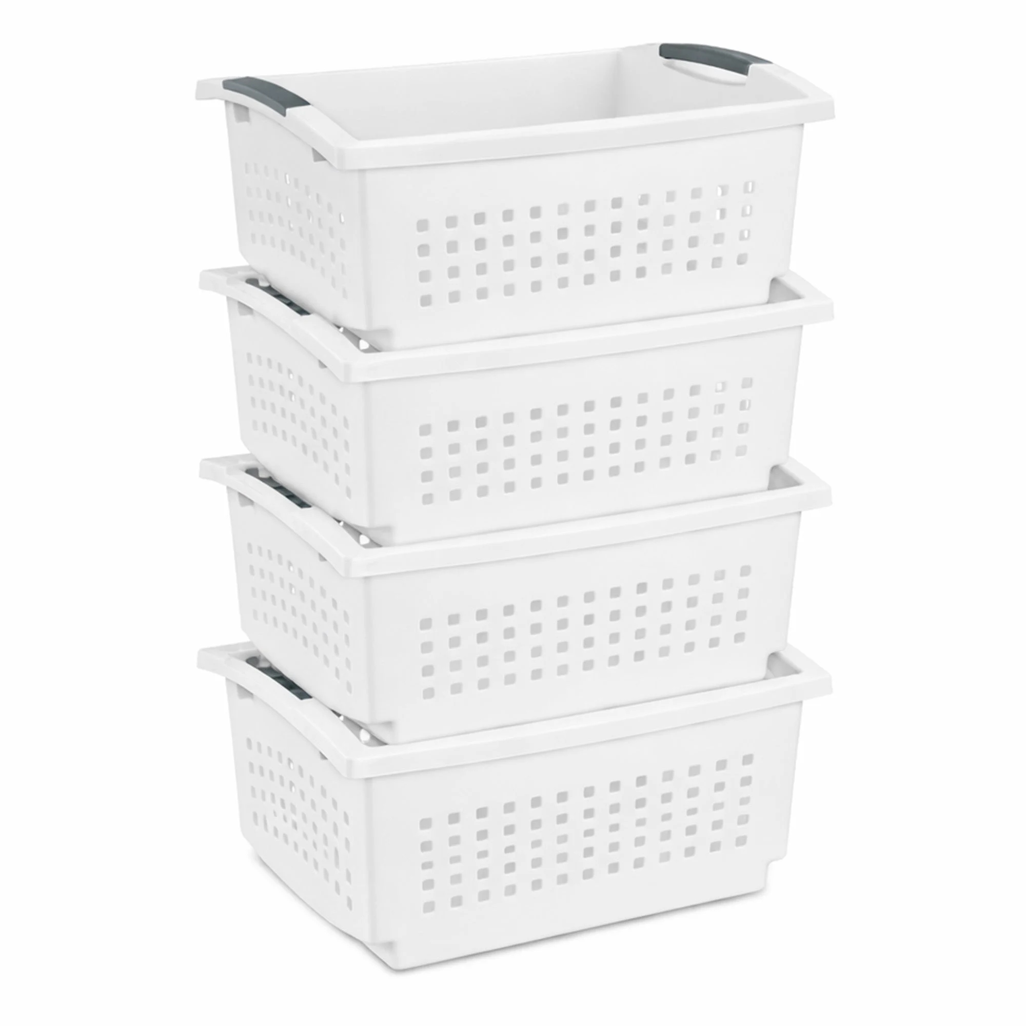 Sterilite Large Stacking Basket, Open Top Storage Bin w/ Handles, 4 Pack, White
