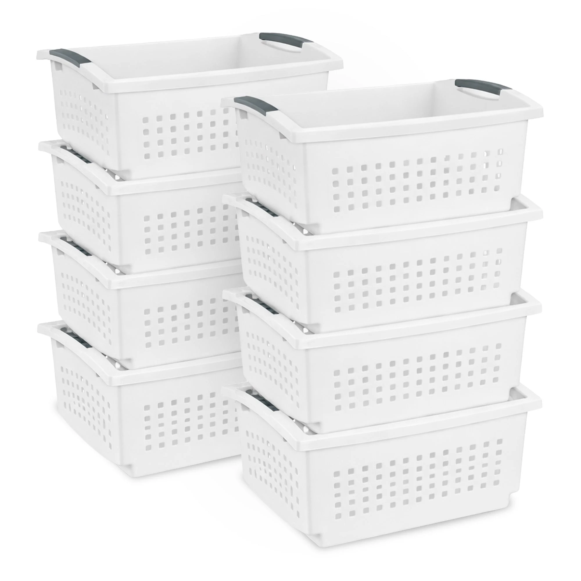 Sterilite Large Stacking Basket, Open Top Storage Bin w/ Handles, 8 Pack, White
