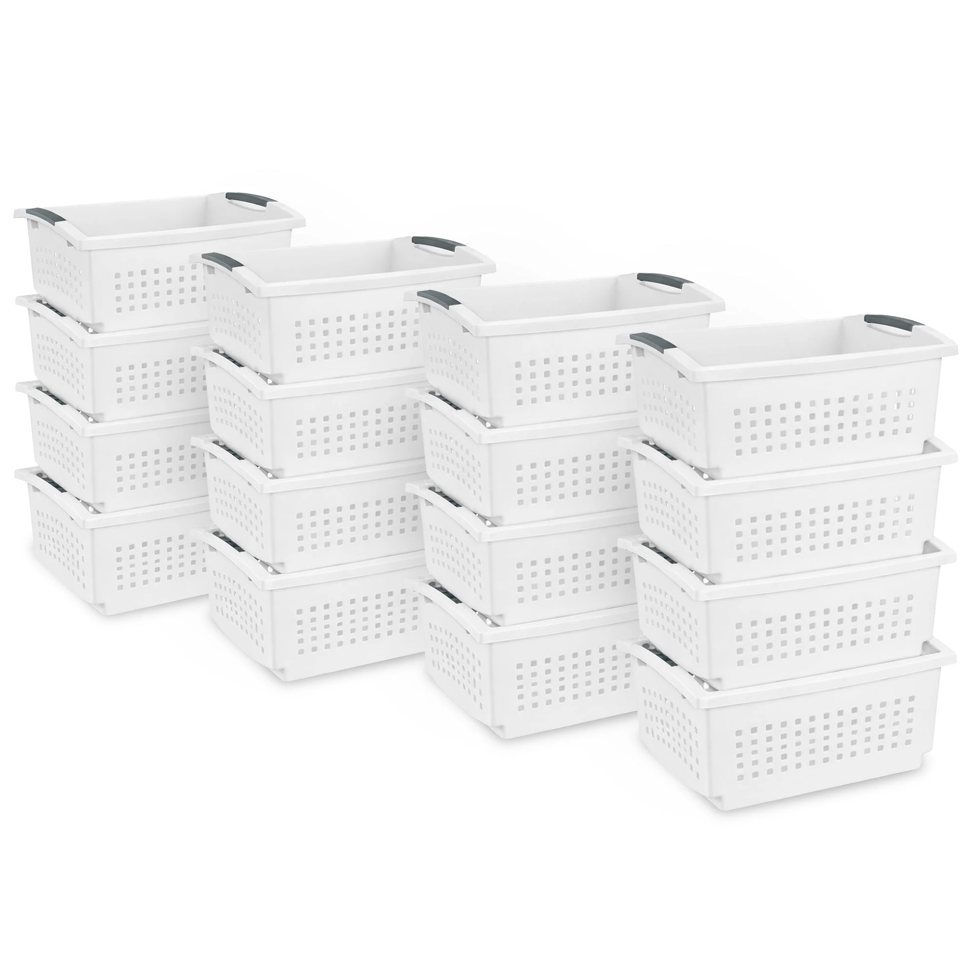 Sterilite Large Stacking Basket, Open Top Storage Bin w/ Handles, 16 Pack, White