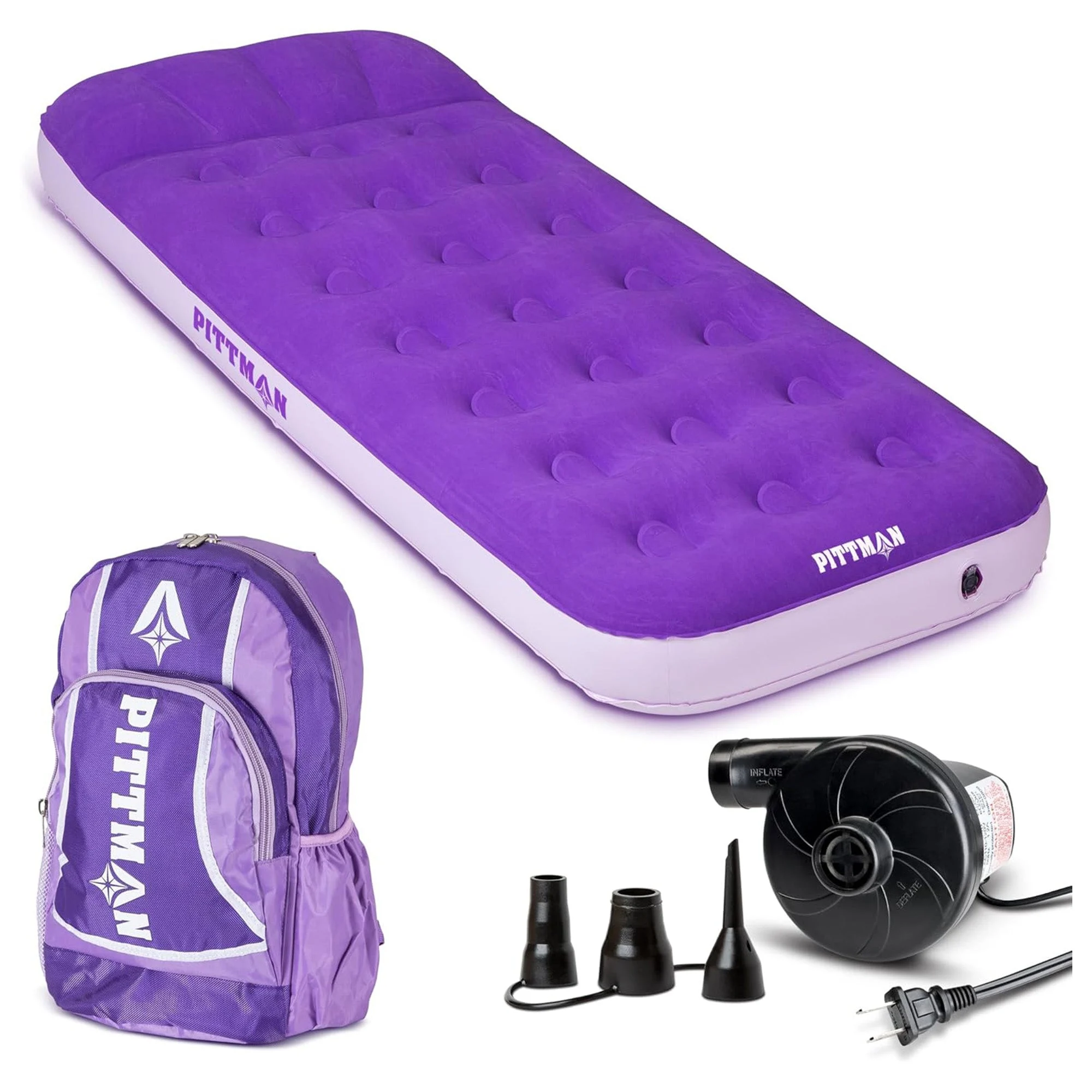 Pittman Outdoors Kids Air Mattress, 74" x 30" Air Bed w/ Pump & Backpack, Purple