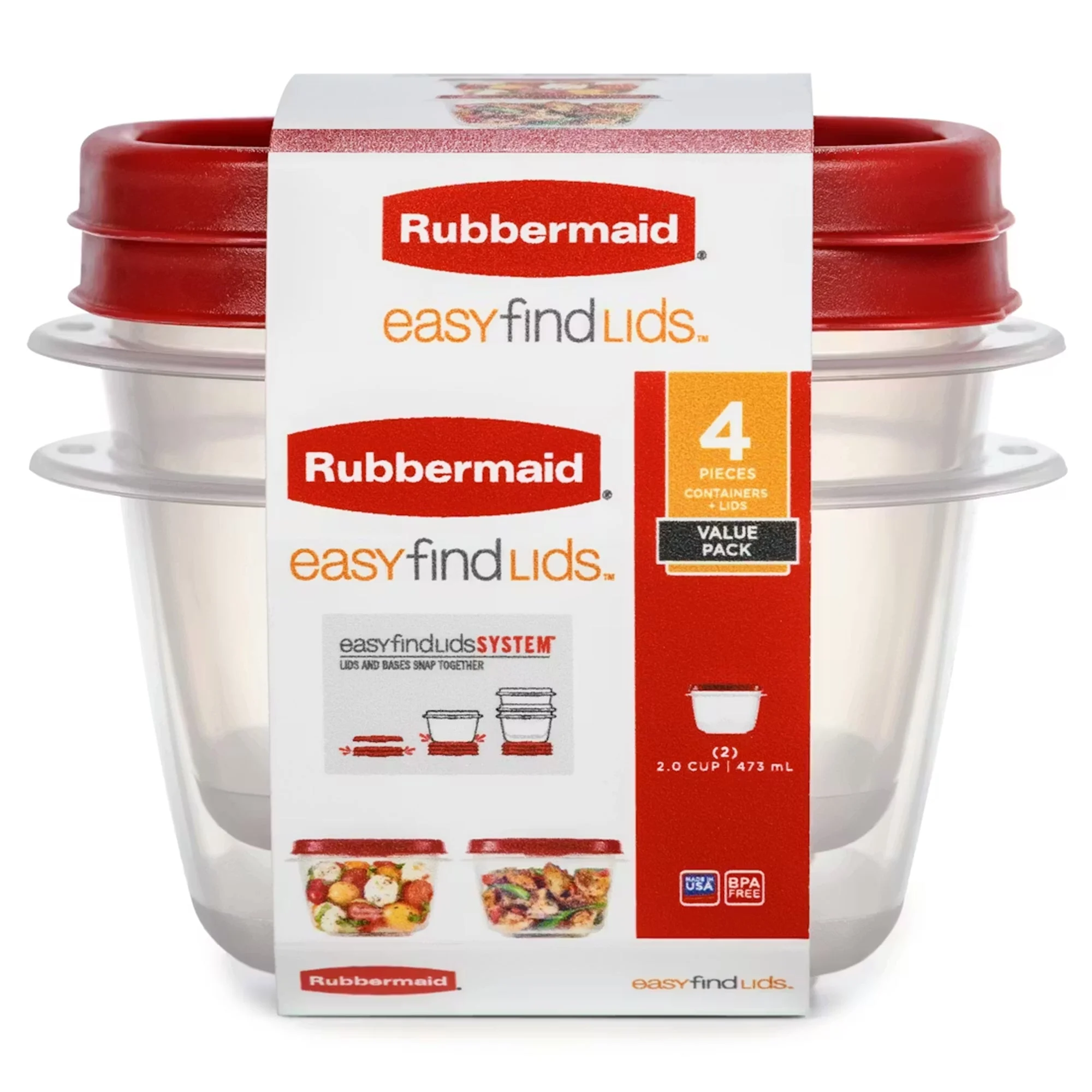 Rubbermaid Clear Food Storage and Organization Container Set w/ Lid, 2 Pack, Red