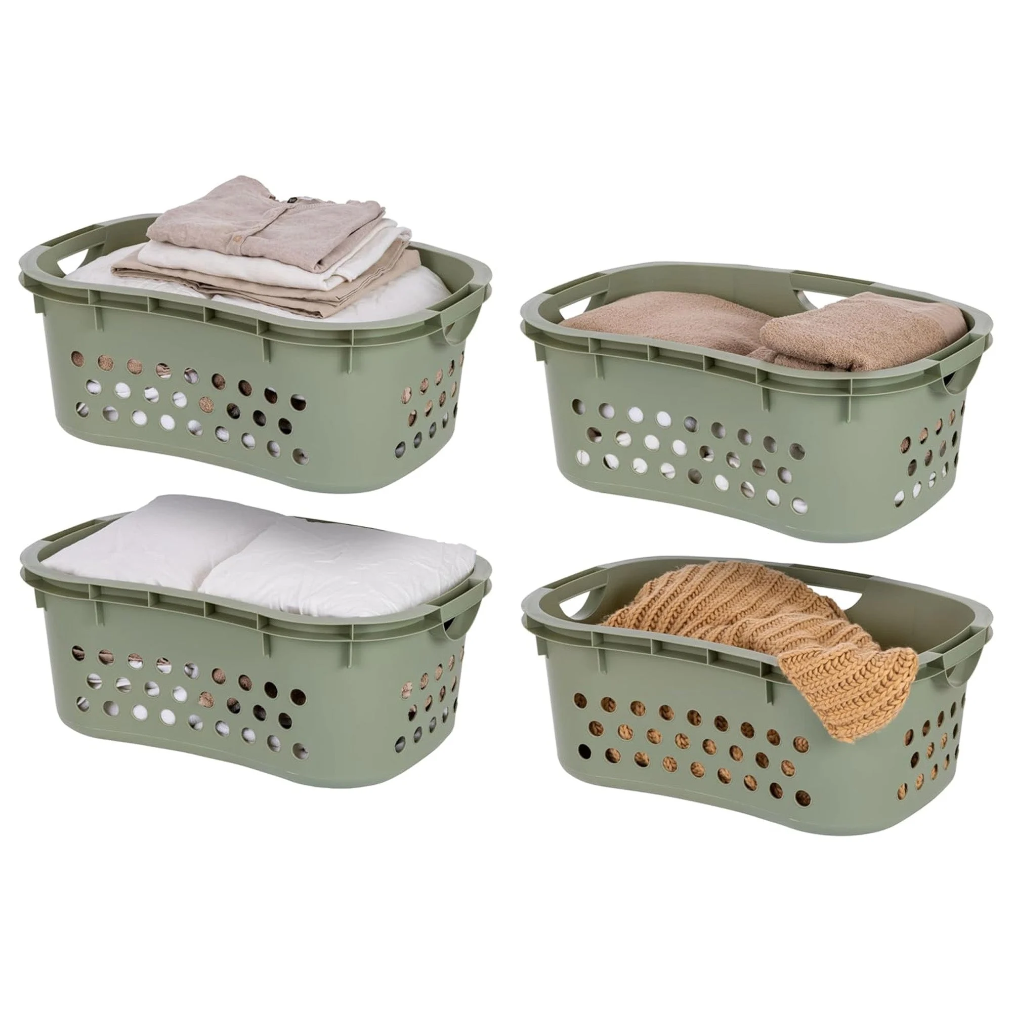 IRIS 4 Pack Comfort Carry Lightweight Laundry Basket w/ Ergonomic Curves, Green