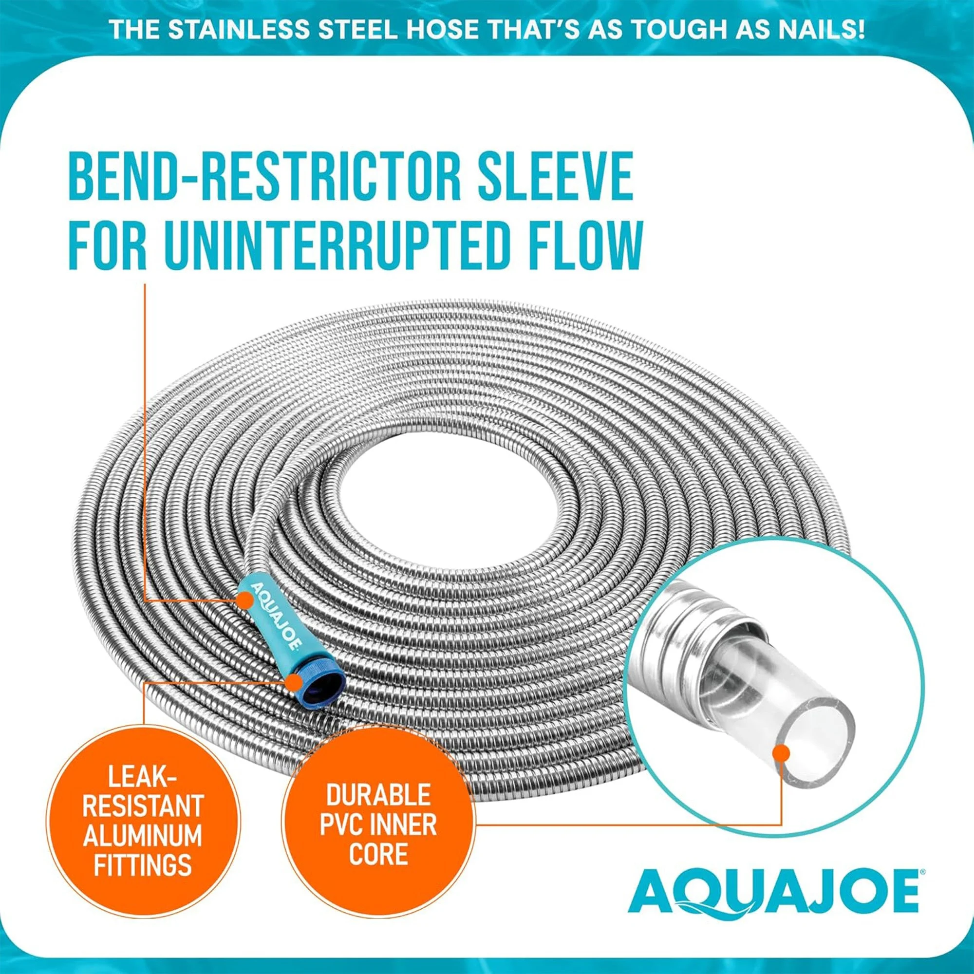 Aqua Joe 75 Ft Heavy Duty Stainless Steel Garden Hose, 1/2" Diameter, AJSGH75
