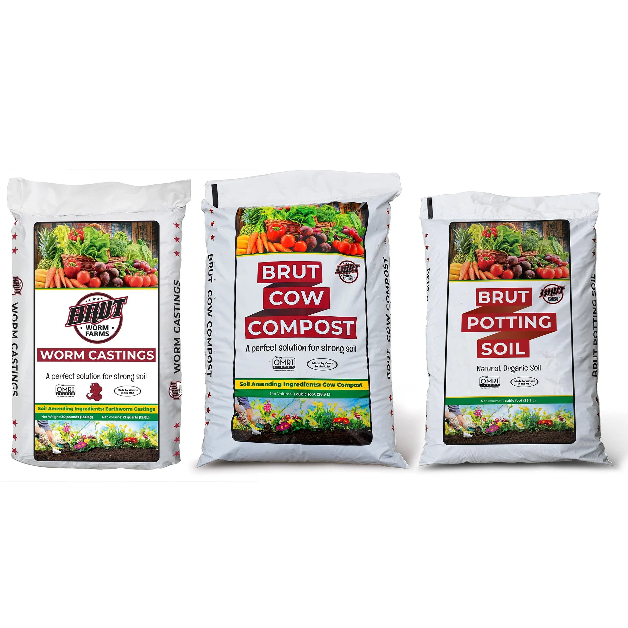 Brut Worm Farms Worm Castings Soil, Cow Compost Fertilizer & Potting Soil Bundle