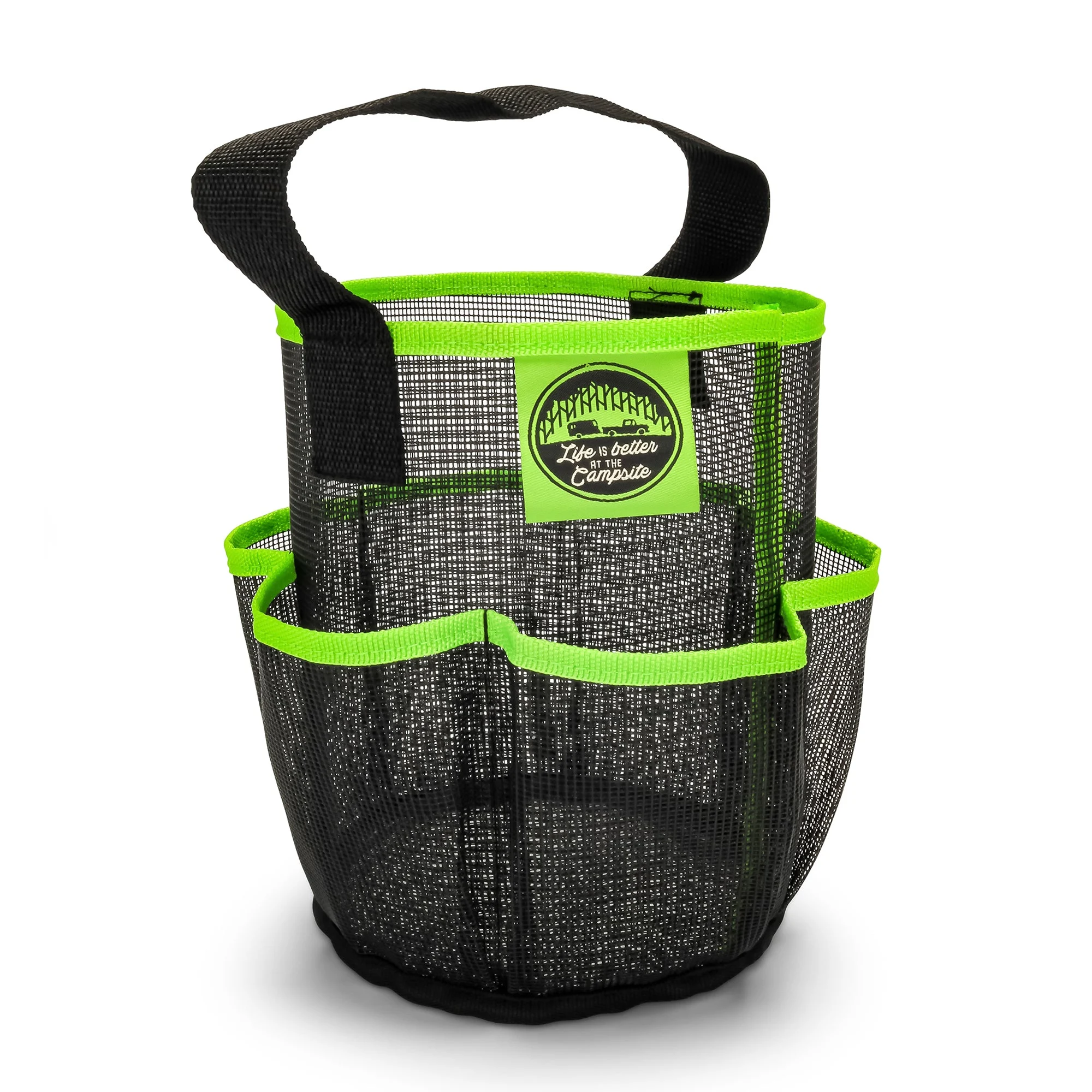 Camco Shower Caddy, Mesh Bag Bathroom Storage Accessory with Handle, Black/Green