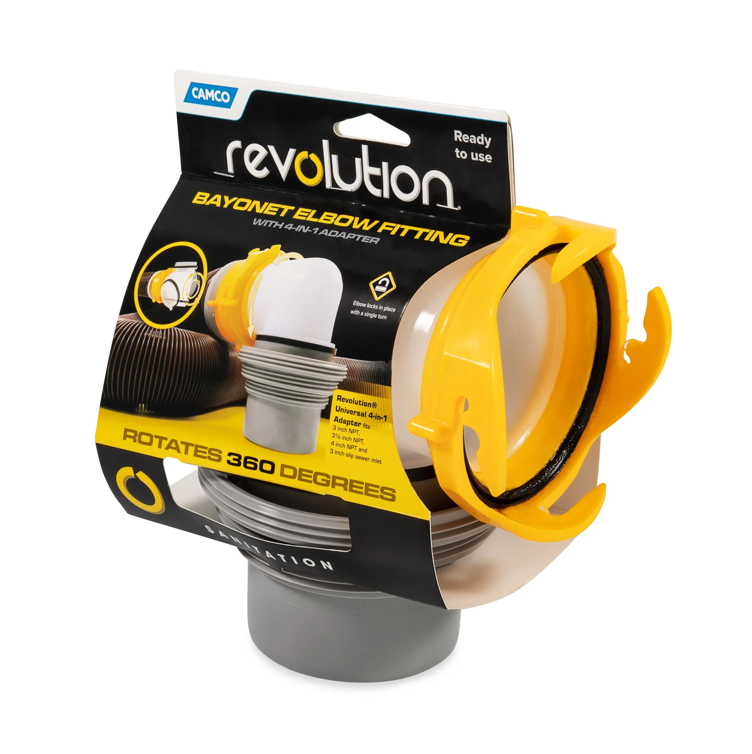 Camco Revolution RV Sewer Hose Elbow with 4-in-1 Adapter, 360-Degree Swivel