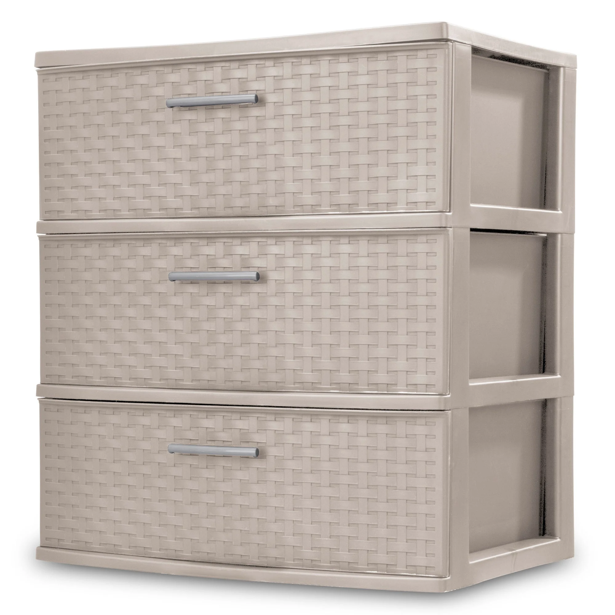 Sterilite 3 Drawer Wide Storage Tower, Plastic Weave Home Organizer, Grey Pumice
