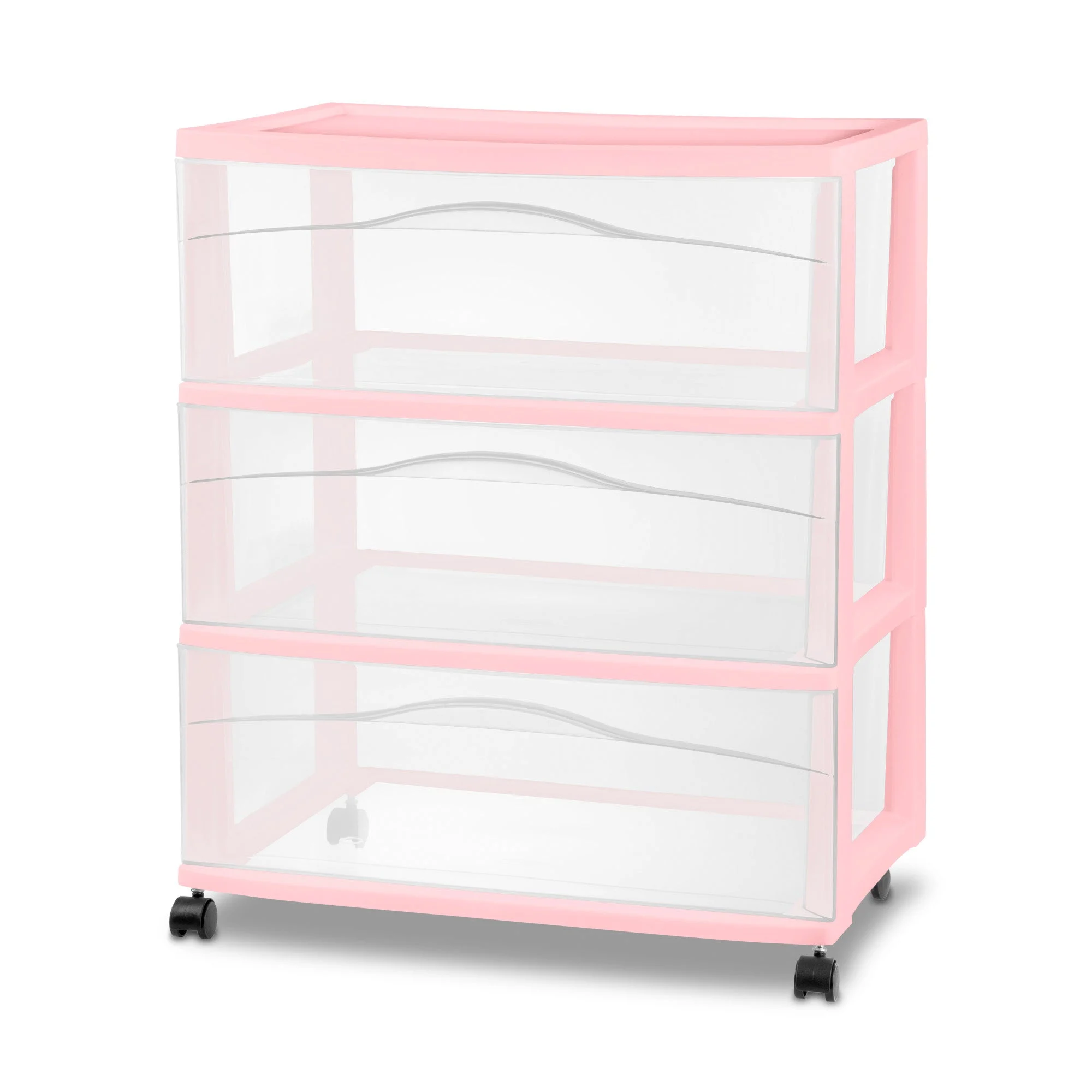 Sterilite Wide 3 Drawer Storage Cart, Plastic Rolling Organization Cart, Pink