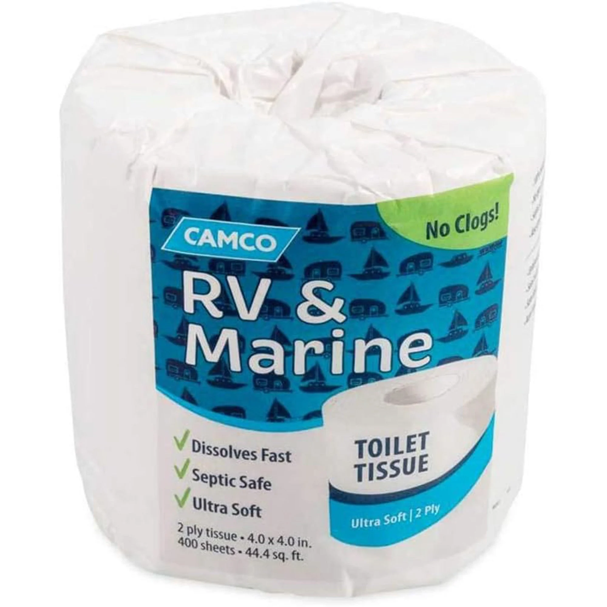 Camco TST 2-Ply Toilet Paper, Individual Roll, 400 Flushable Tissue Sheets White