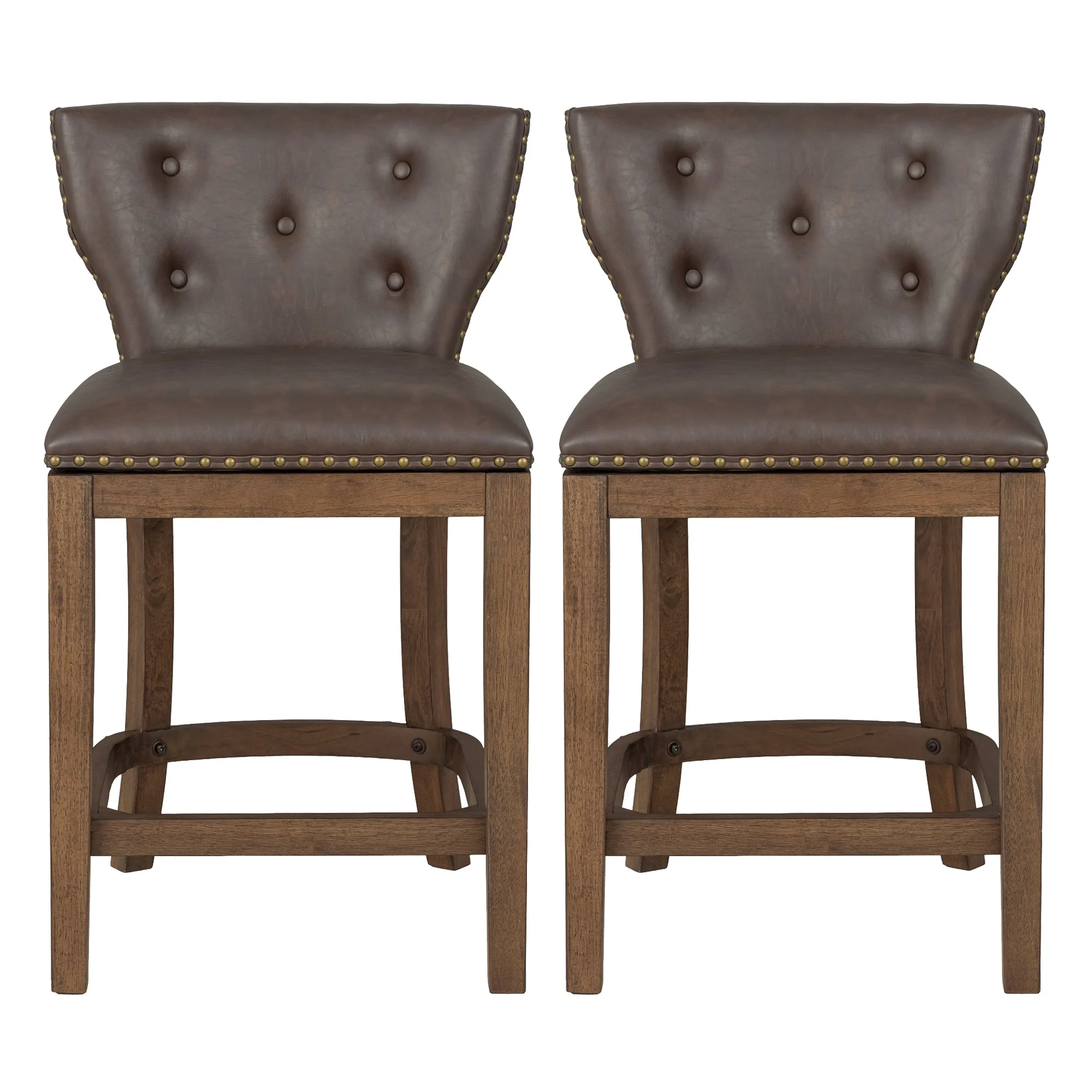 ROME + OAK Carlynd 26" Swivel Counter Stool, Walnut with Brown Leather, Set of 2