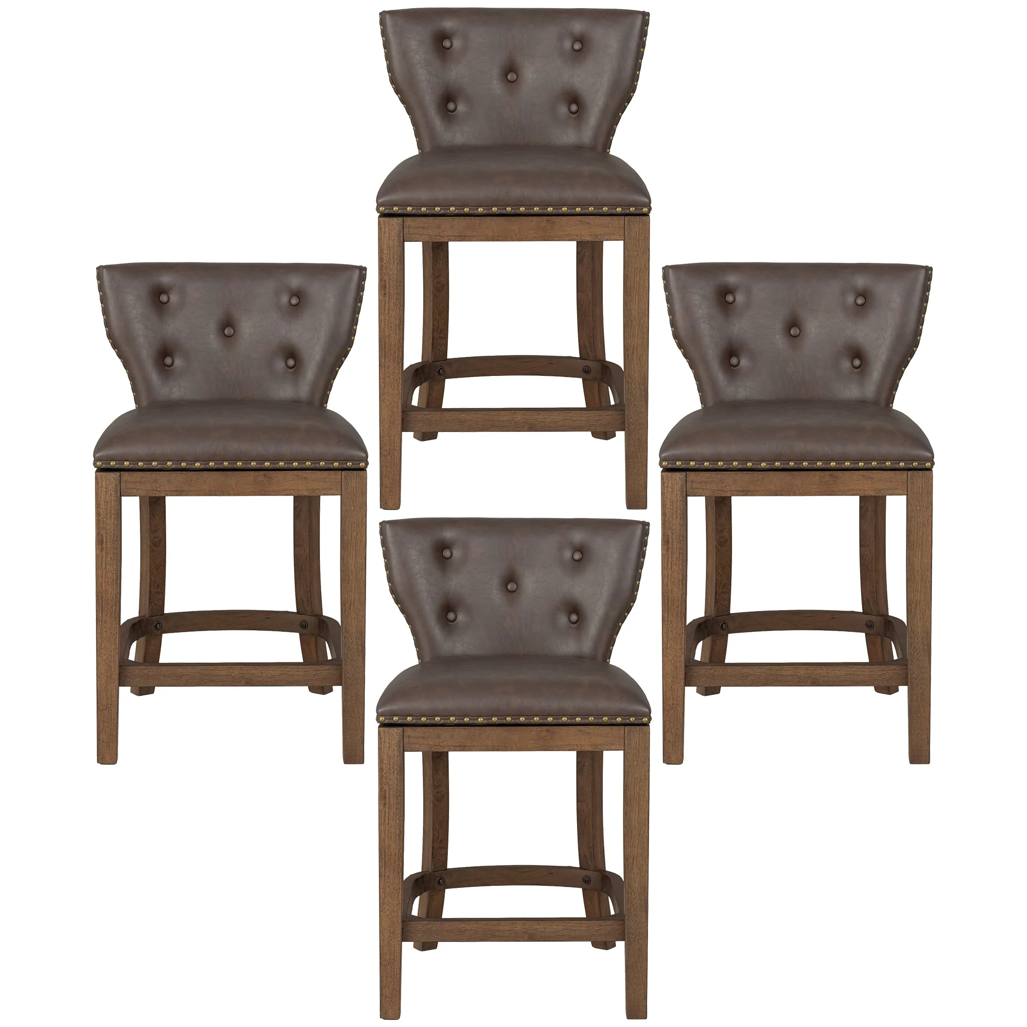 ROME + OAK Carlynd 26" Swivel Counter Stool, Walnut with Brown Leather, Set of 4