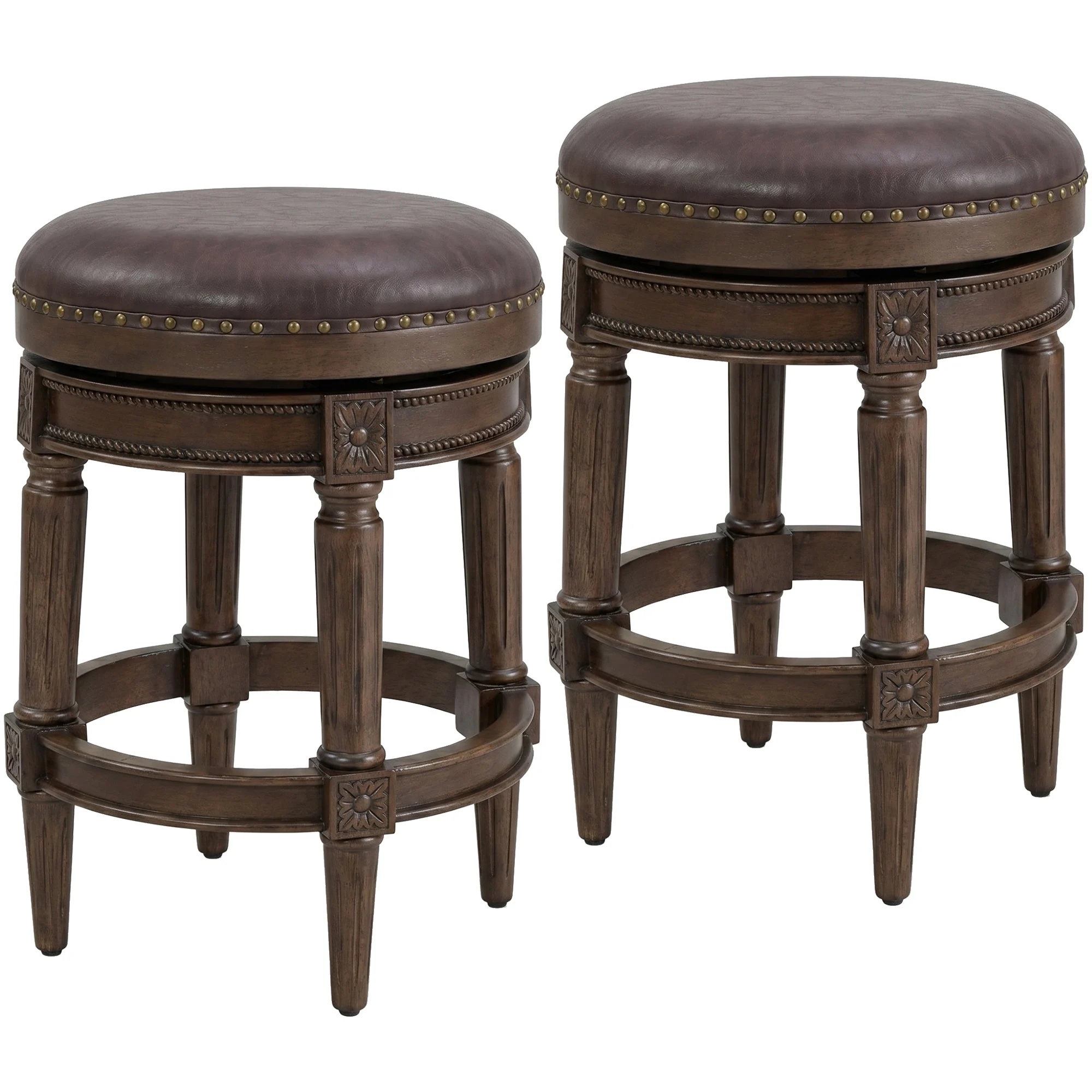 ROME + OAK Runyan 26" Swivel Counter Stool, Walnut, Brown Vegan Leather,Set of 2