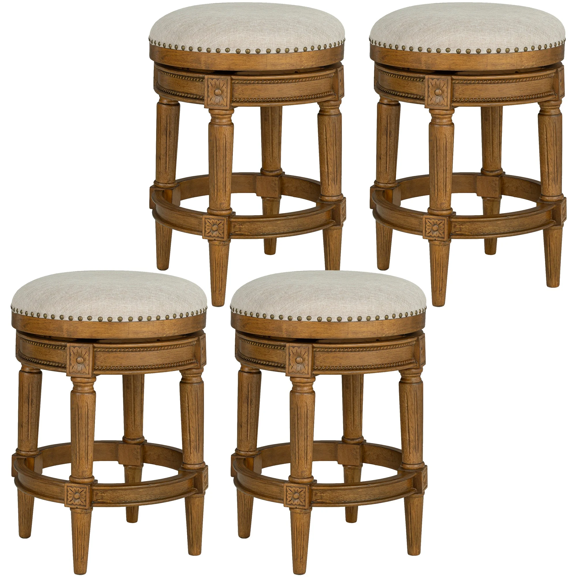 ROME + OAK Runyan 26" Swivel Counter Stool, Weathered Oak, Sand Fabric, Set of 4