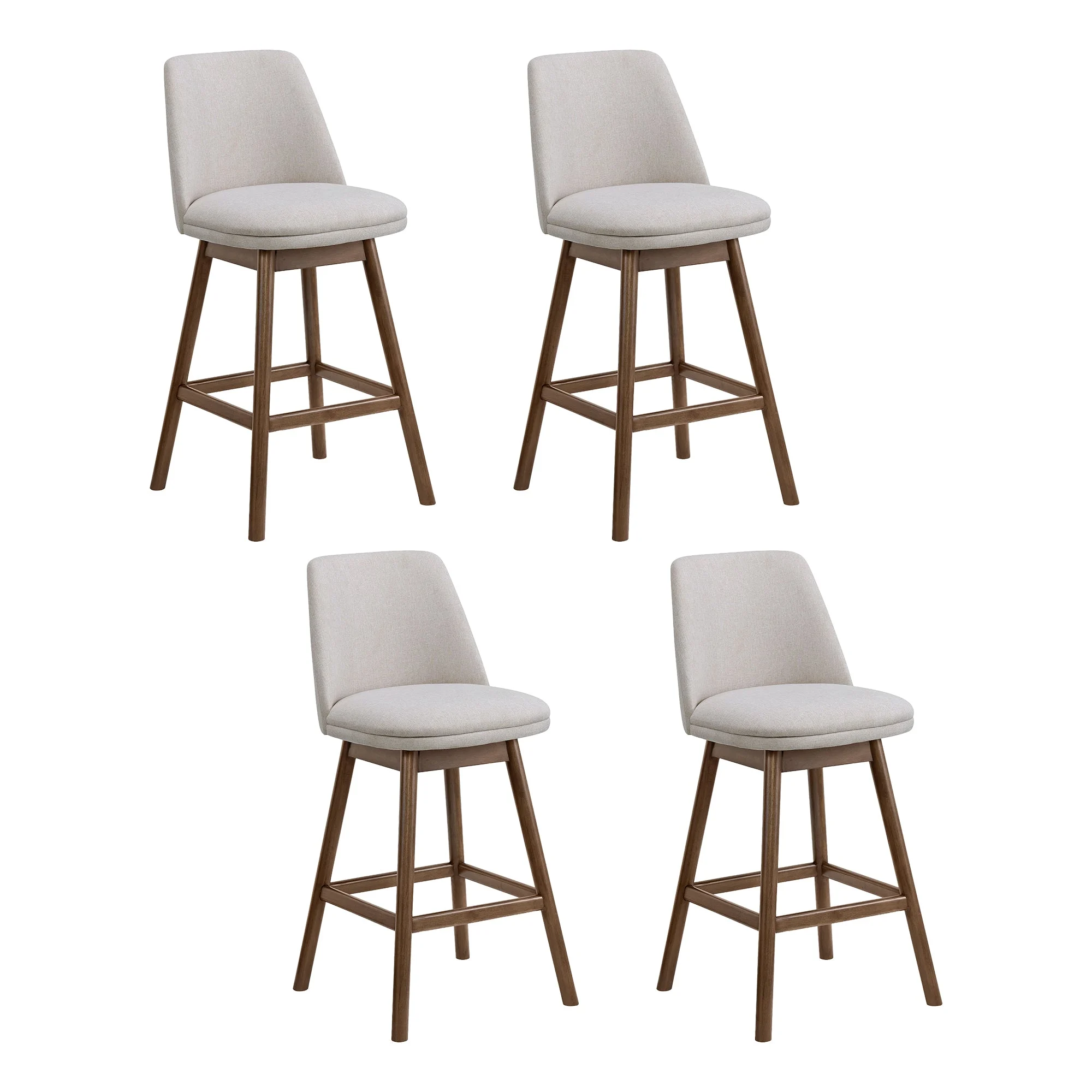 ROME + OAK Rowan 26" Swivel Counter Stool, Walnut, Soft White Fabric, Set of 4