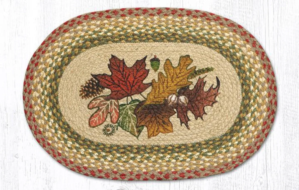 Earth Rugs Autumn Leaves Oval Placemat – 13"x19" Hand-Stenciled Jute, Rustic Tabletop Accent