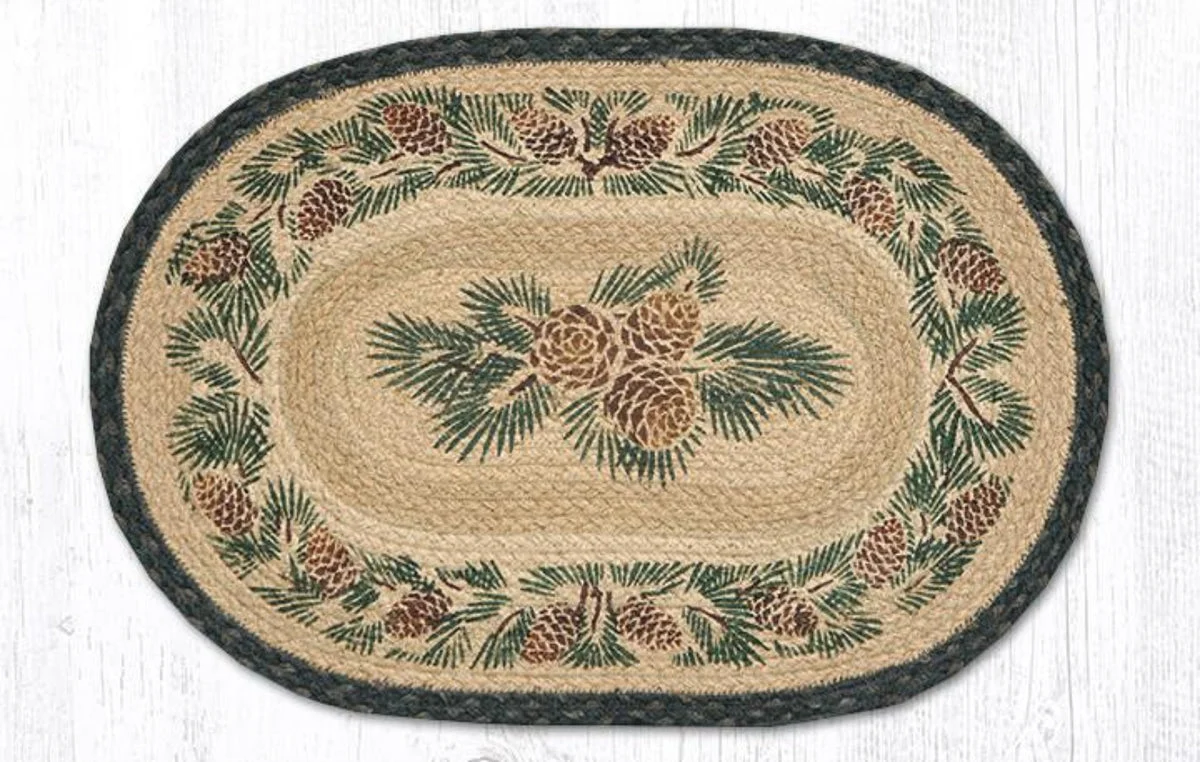 Earth Rugs Pinecone Oval Jute Placemat – 13"x19" Hand-Stenciled Braided Table Accent, Rustic Cabin Decor