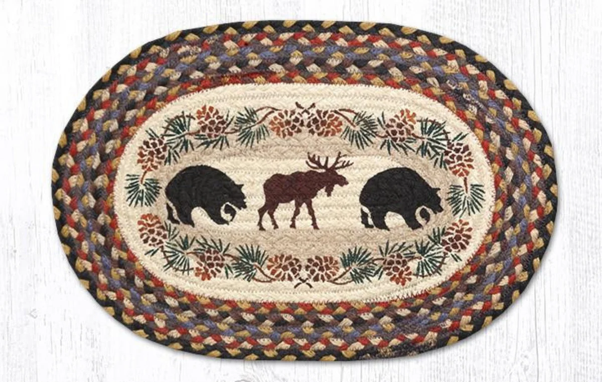 Earth Rugs Bear and Moose Oval Placemat – 13"x19" Hand-Braided Natural Jute Table Accent