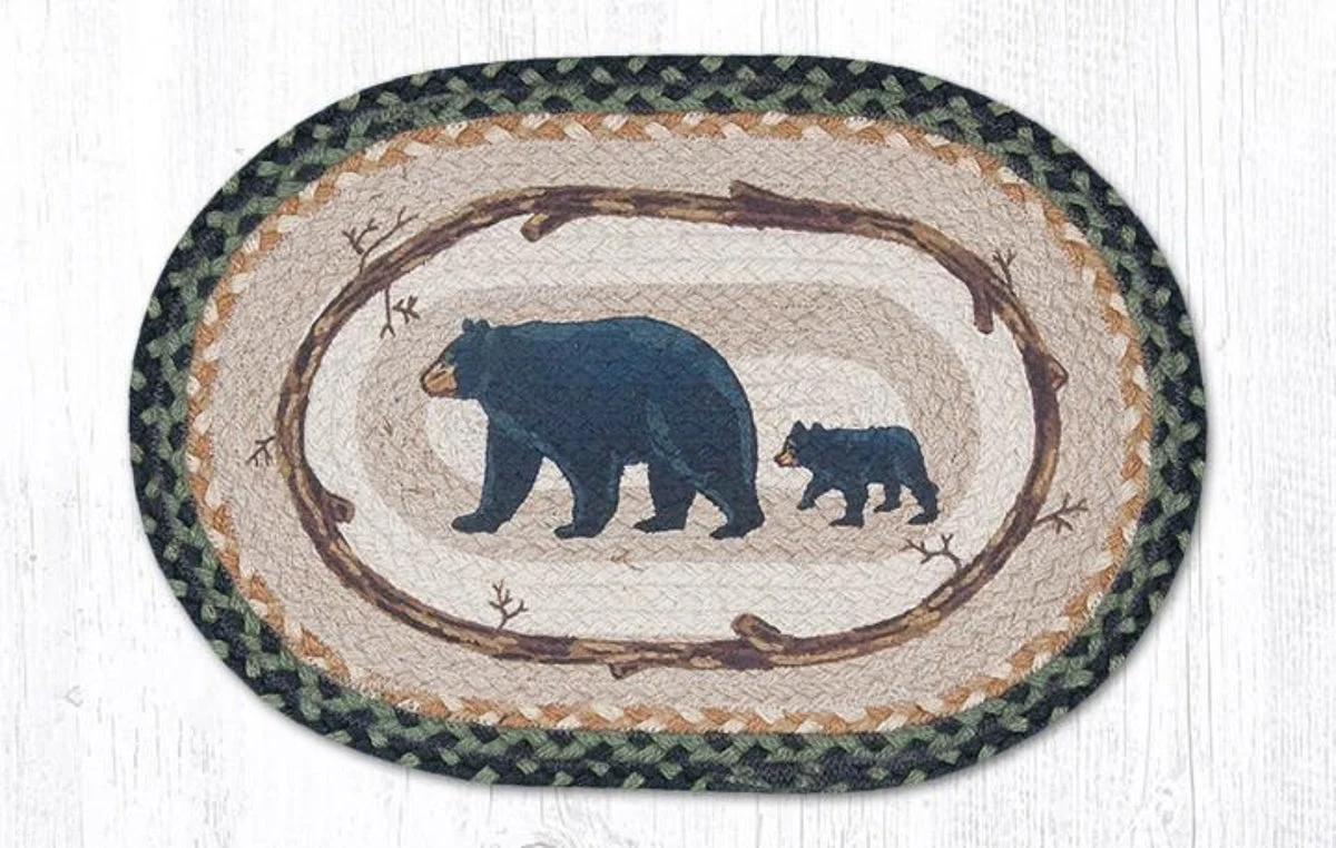 Earth Rugs PM OP 116 Mama and Baby Bear Oval Jute Placemat – 13"x19", Hand Stenciled