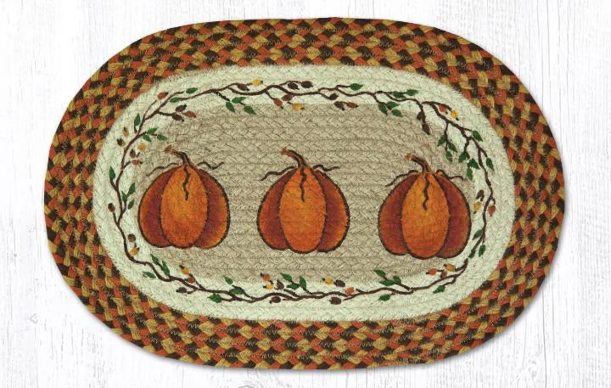 Earth Rugs Harvest Pumpkin Oval Braided Placemat 13"x19" – Rustic Fall Thanksgiving Table Decor