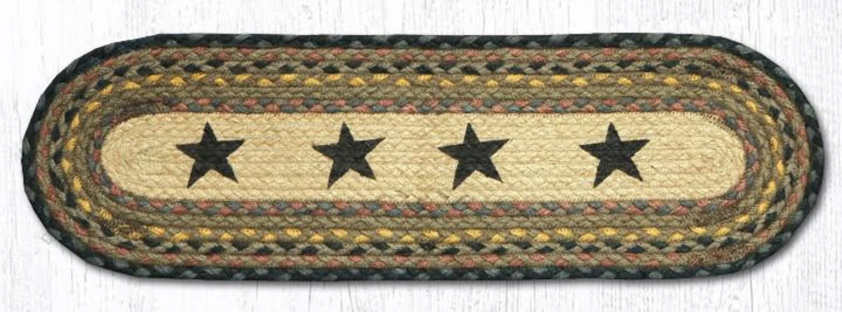Earth Rugs Oval Stair Tread – Black Stars Design, Braided Jute, Primitive Americana Accent Rug, 27"x8.25" Country Stair Mat