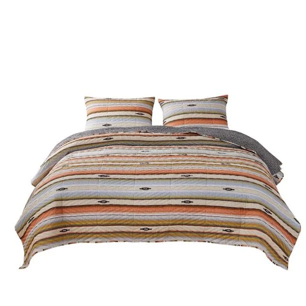 Benzara 3 Piece Microfiber Full Size Quilt Set with Chevron Print, Multicolor