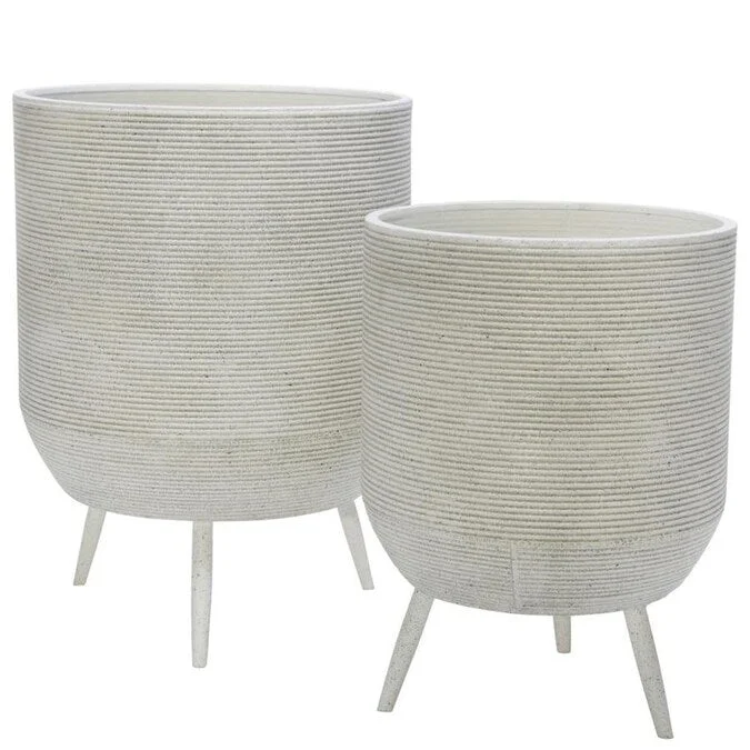 Benzara Metal Planter with Ribbed Design and Angled Tubular Legs, Set of 2, White