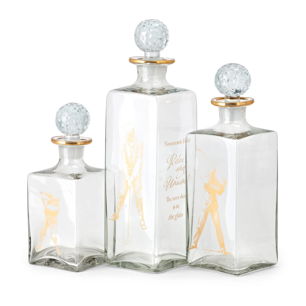 IMAX Worldwide Home PGA TOUR Clubhouse Glass Decanters with Gold Trim - Set of 3