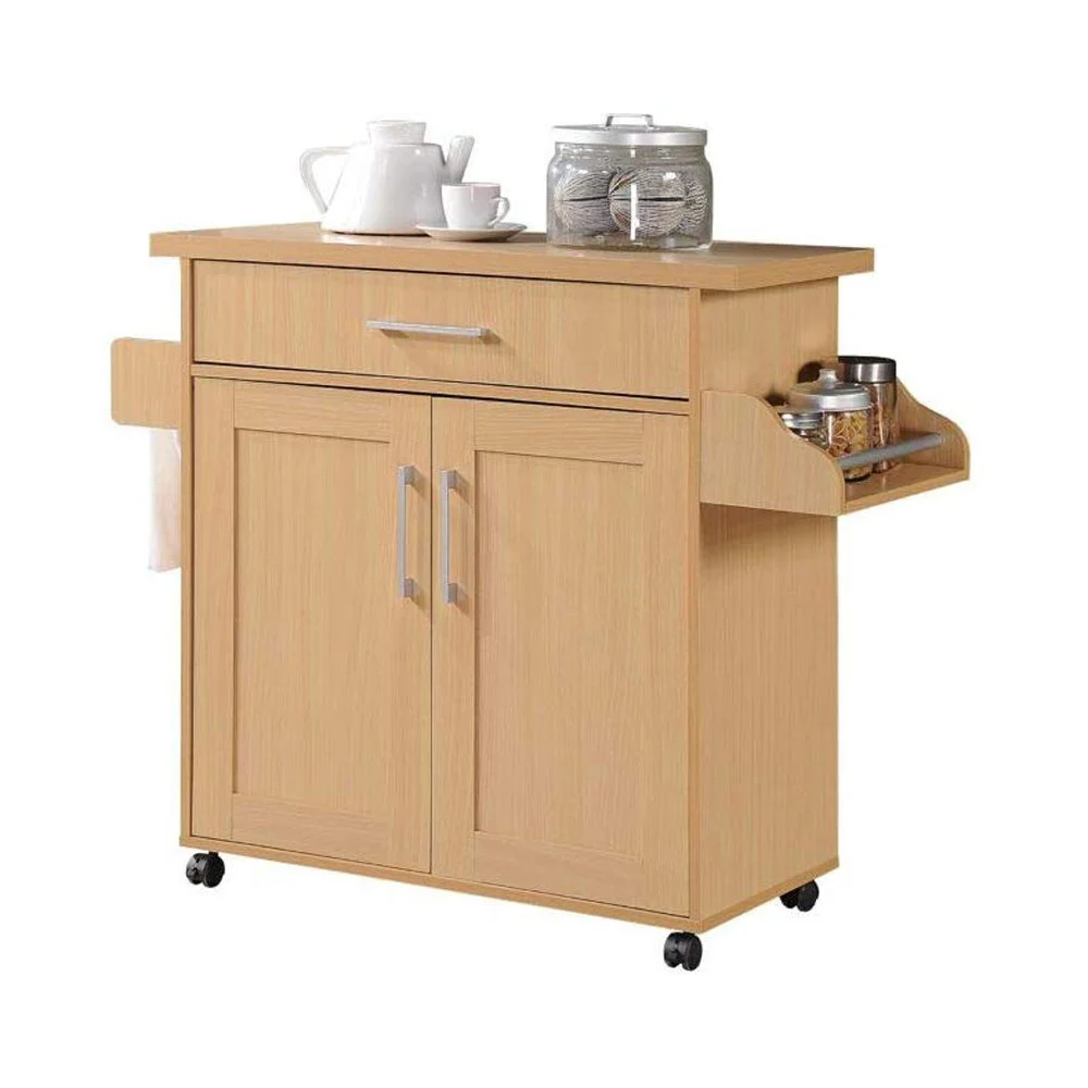 Hodedah Wheeled Kitchen Island with Large Spice Rack and Towel Holder, Beech