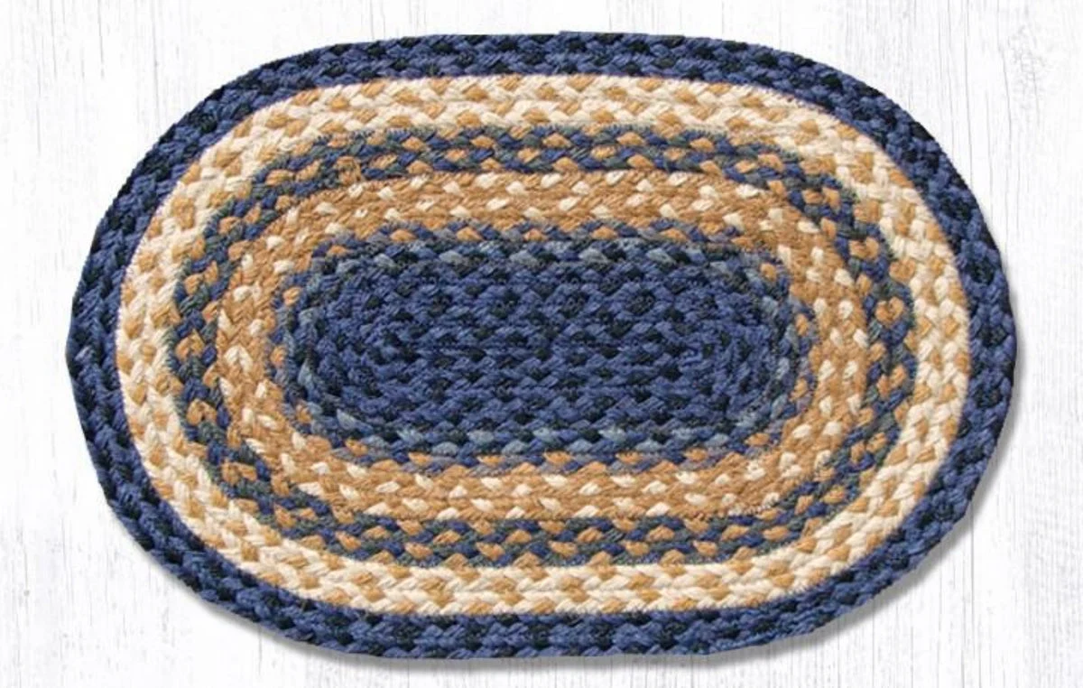 Earth Rugs Jute Placemat 13"x19", Lt. Blue, Dk. Blue & Mustard Braided Table Mat, Coastal Rustic Dining Accent