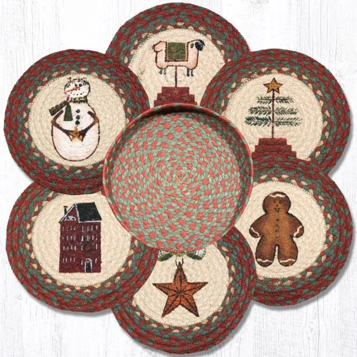 Earth Rugs Winter Trivets in Basket – 10"x10" Braided Jute Seasonal Table Mats with Decorative Storage
