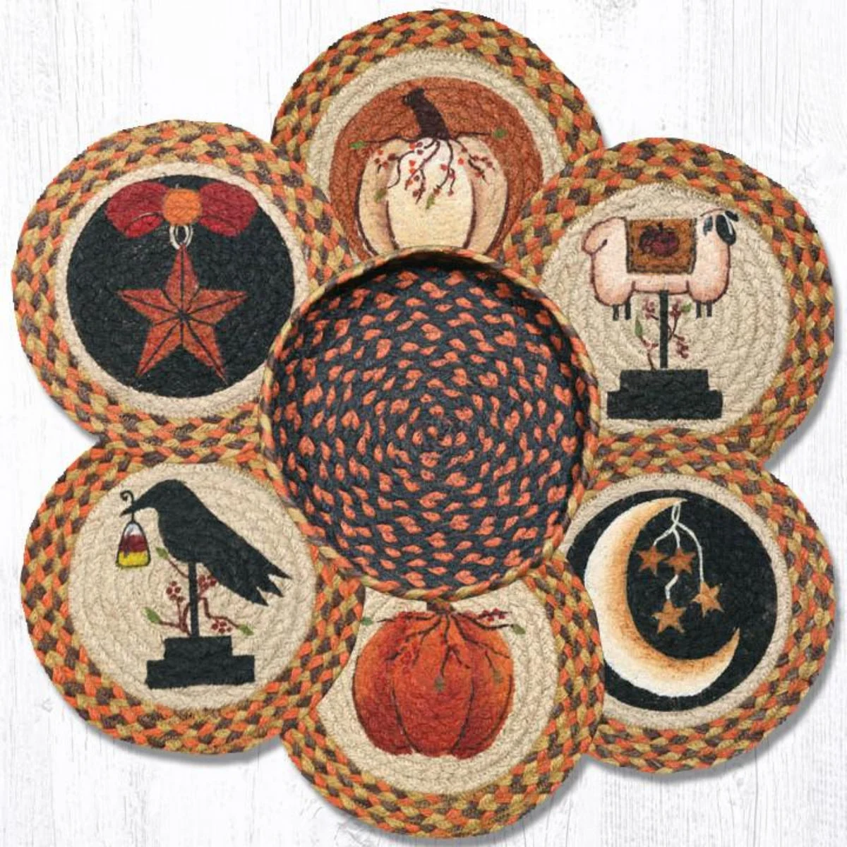 Earth Rugs Autumn Trivets in Basket – 10"x10" Braided Jute Fall-Themed Table Mats with Decorative Storage