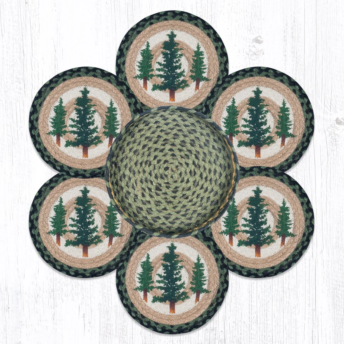 Earth Rugs Tall Timbers Trivets in a Basket – Braided Jute 10"x10" Forest Tree Design Hot Pads in Natural Storage Basket