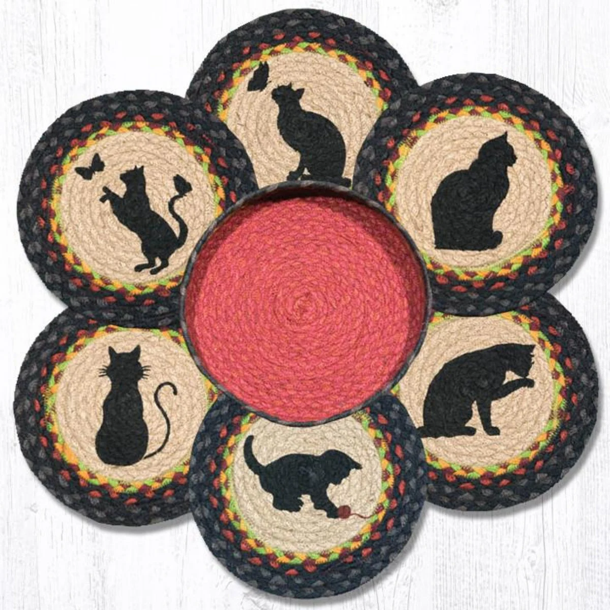Earth Rugs Cats Trivets in a Basket – Braided Jute 10"x10" Round Cat-Themed Hot Pads with Decorative Storage Basket